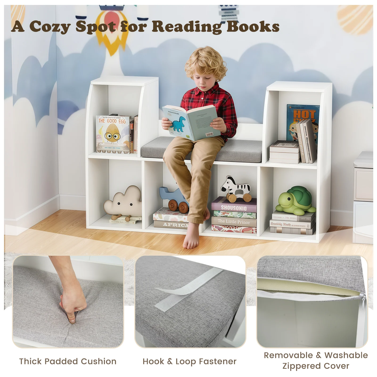40 Inches Kids Bookshelf with Reading Nook Bookcase with 6 Open Cubes, White - Image 8
