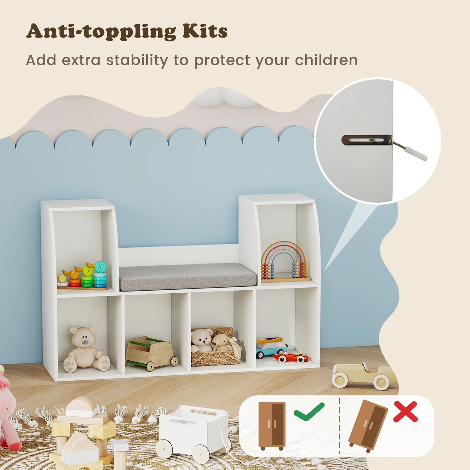 40 Inches Kids Bookshelf with Reading Nook Bookcase with 6 Open Cubes, White - Image 9