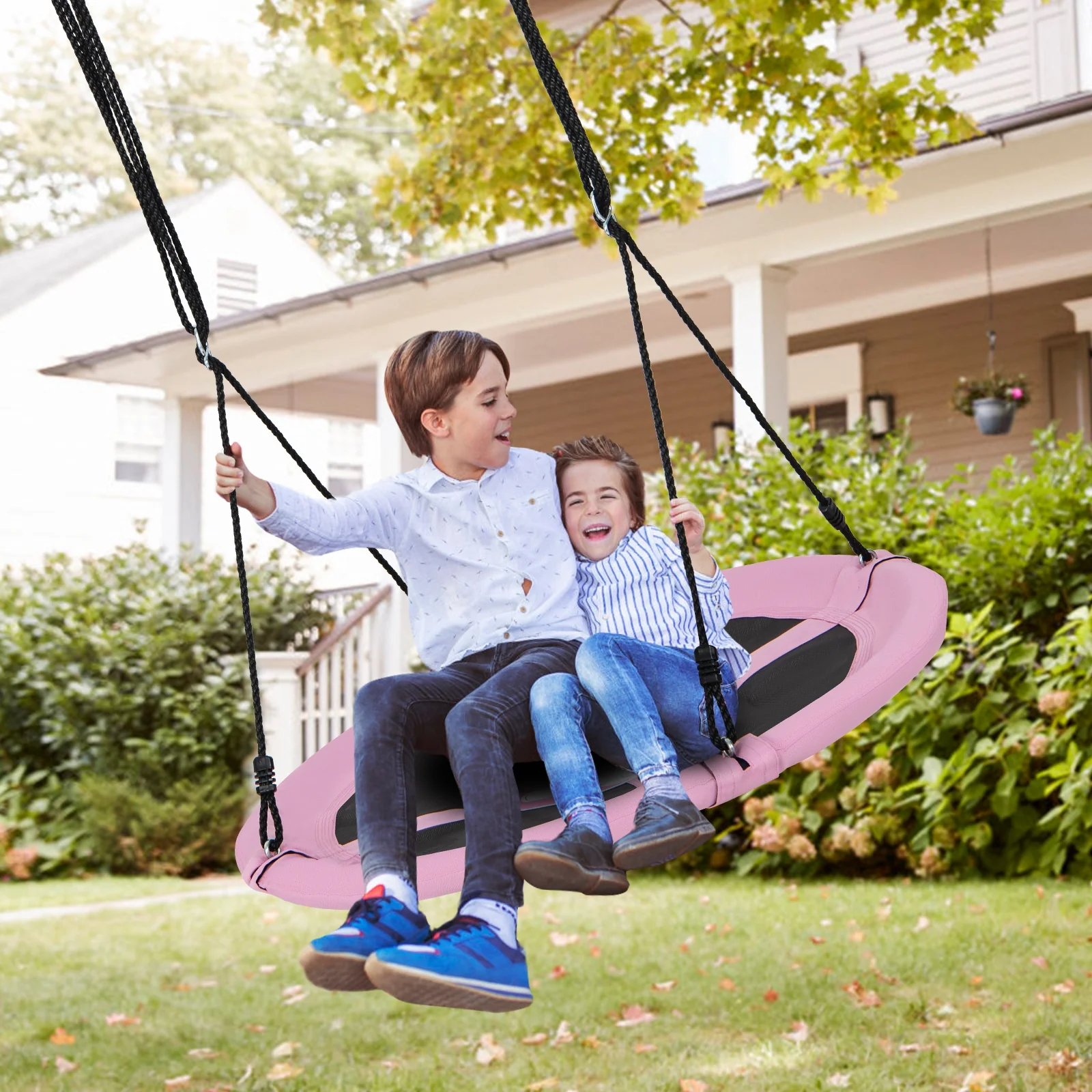 40 Inches Saucer Tree Swing, Adjustable Ropes With Carabiners, Pink - Image 3