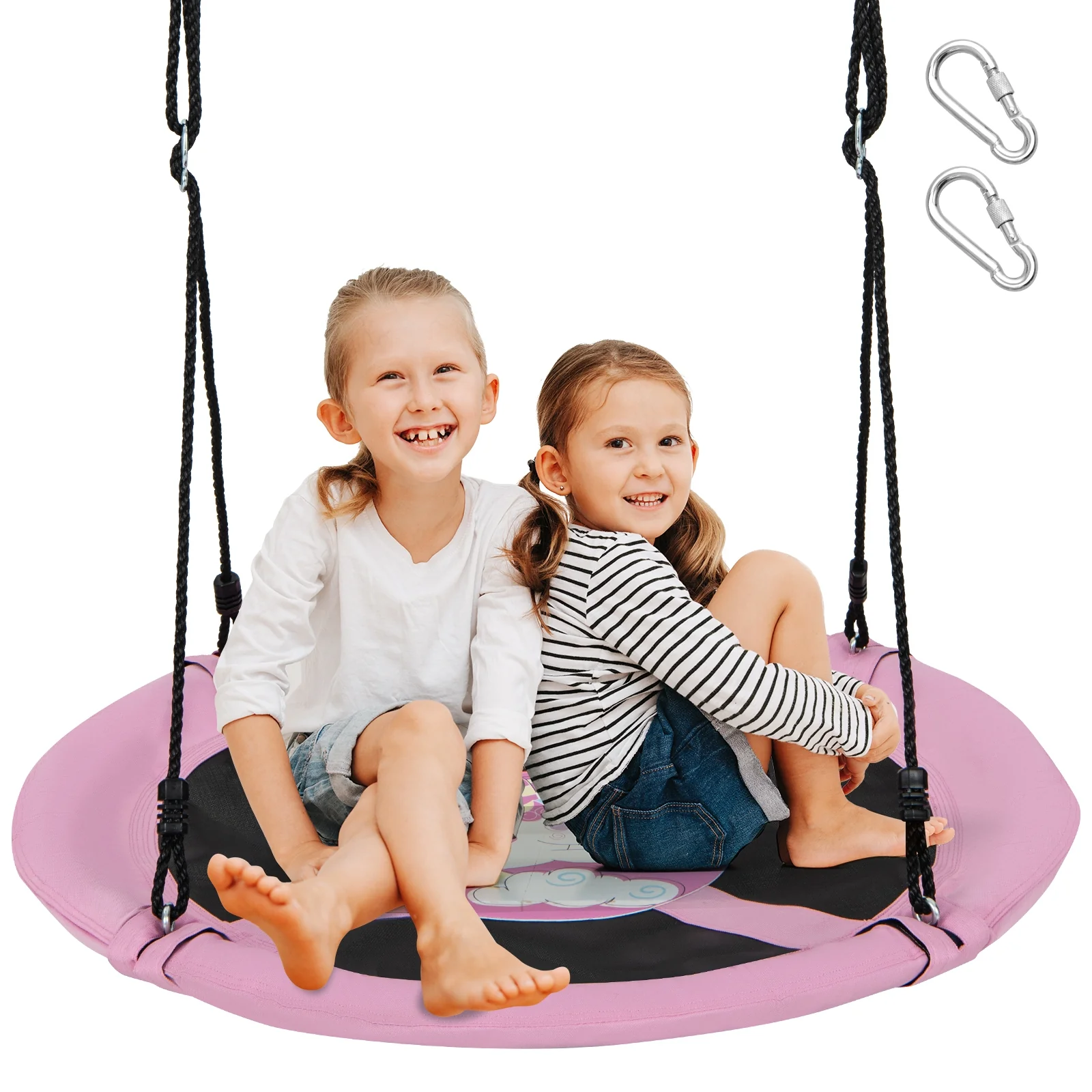 40 Inches Saucer Tree Swing, Adjustable Ropes With Carabiners, Pink - Image 4