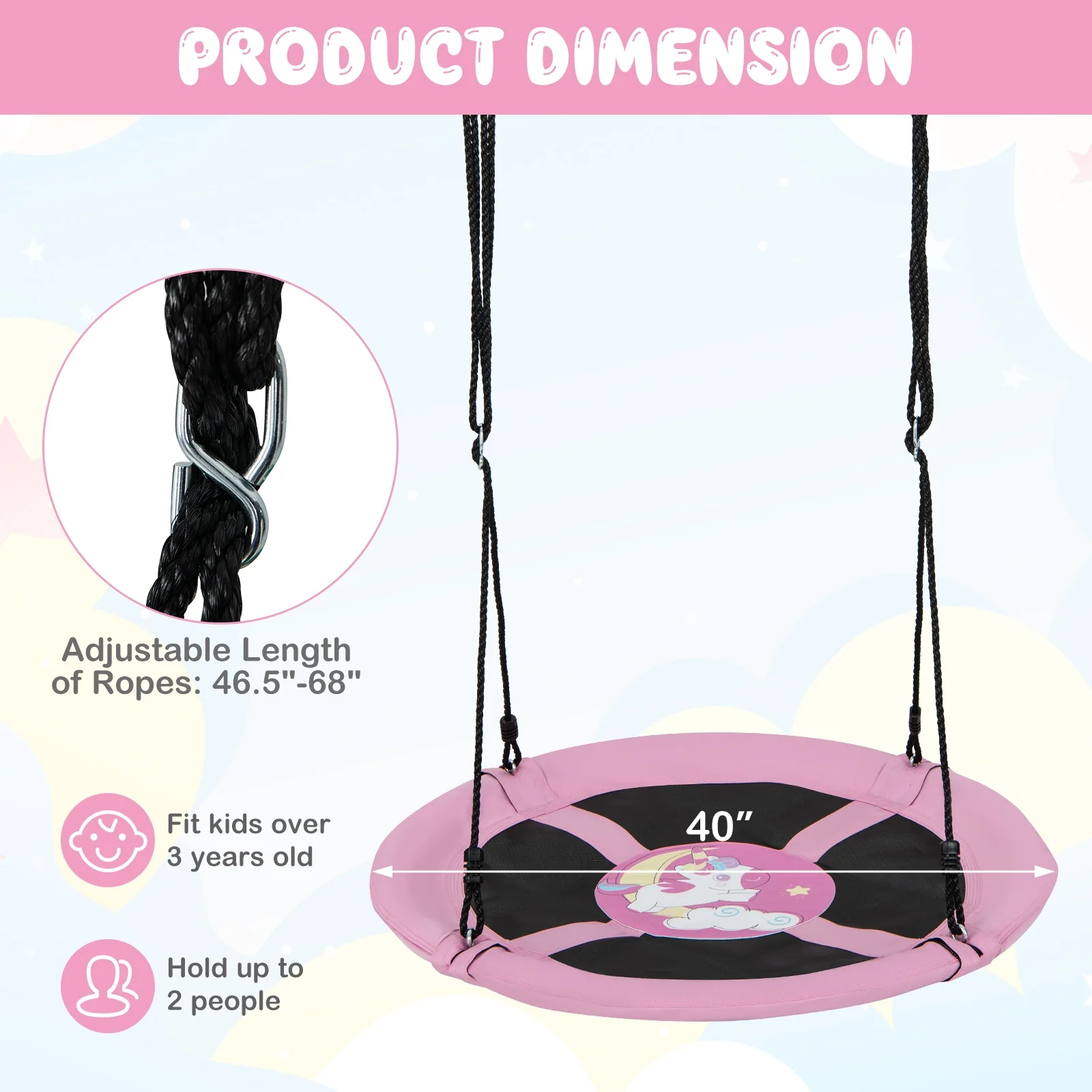40 Inches Saucer Tree Swing, Adjustable Ropes With Carabiners, Pink - Image 5