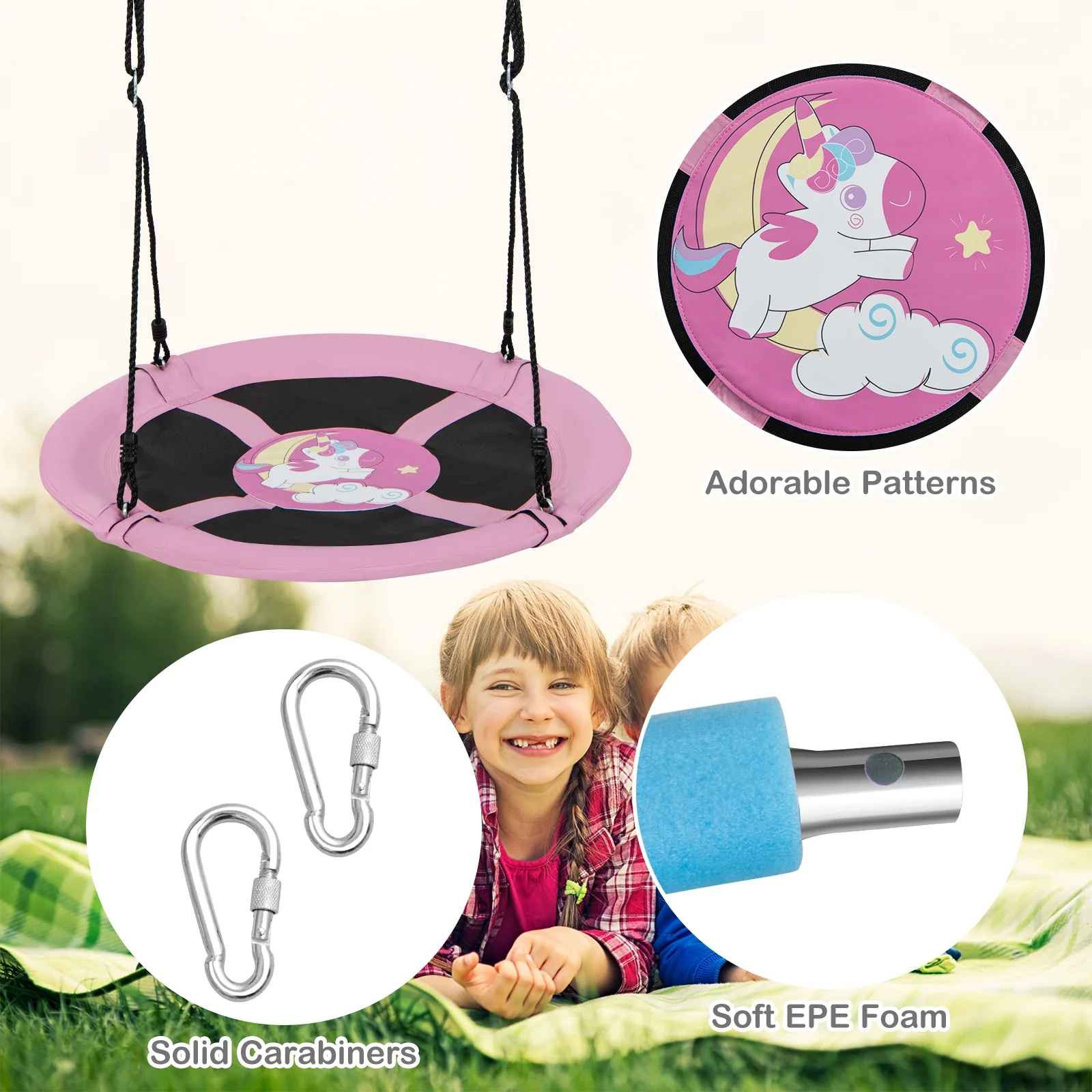 40 Inches Saucer Tree Swing, Adjustable Ropes With Carabiners, Pink - Image 7