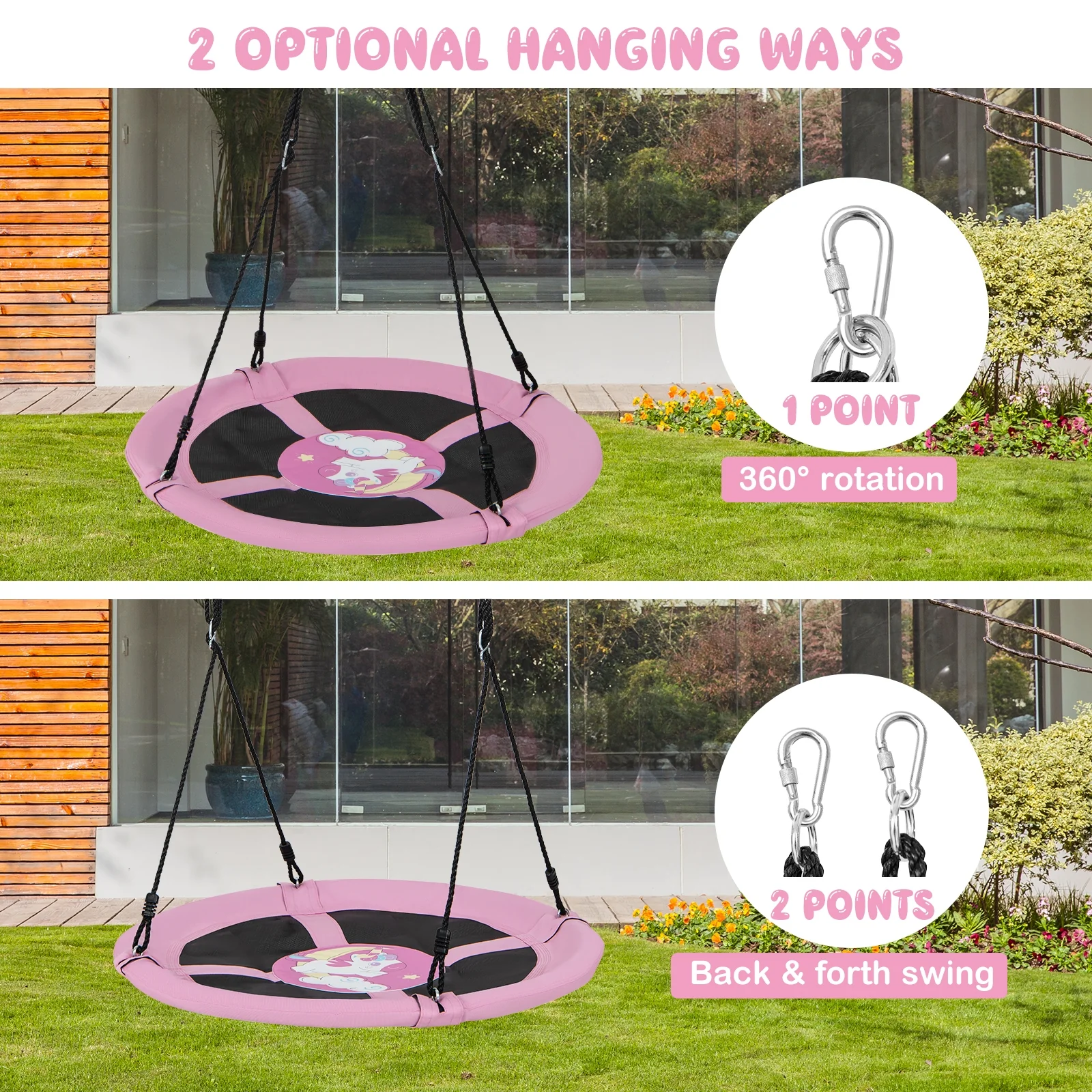 40 Inches Saucer Tree Swing, Adjustable Ropes With Carabiners, Pink - Image 8