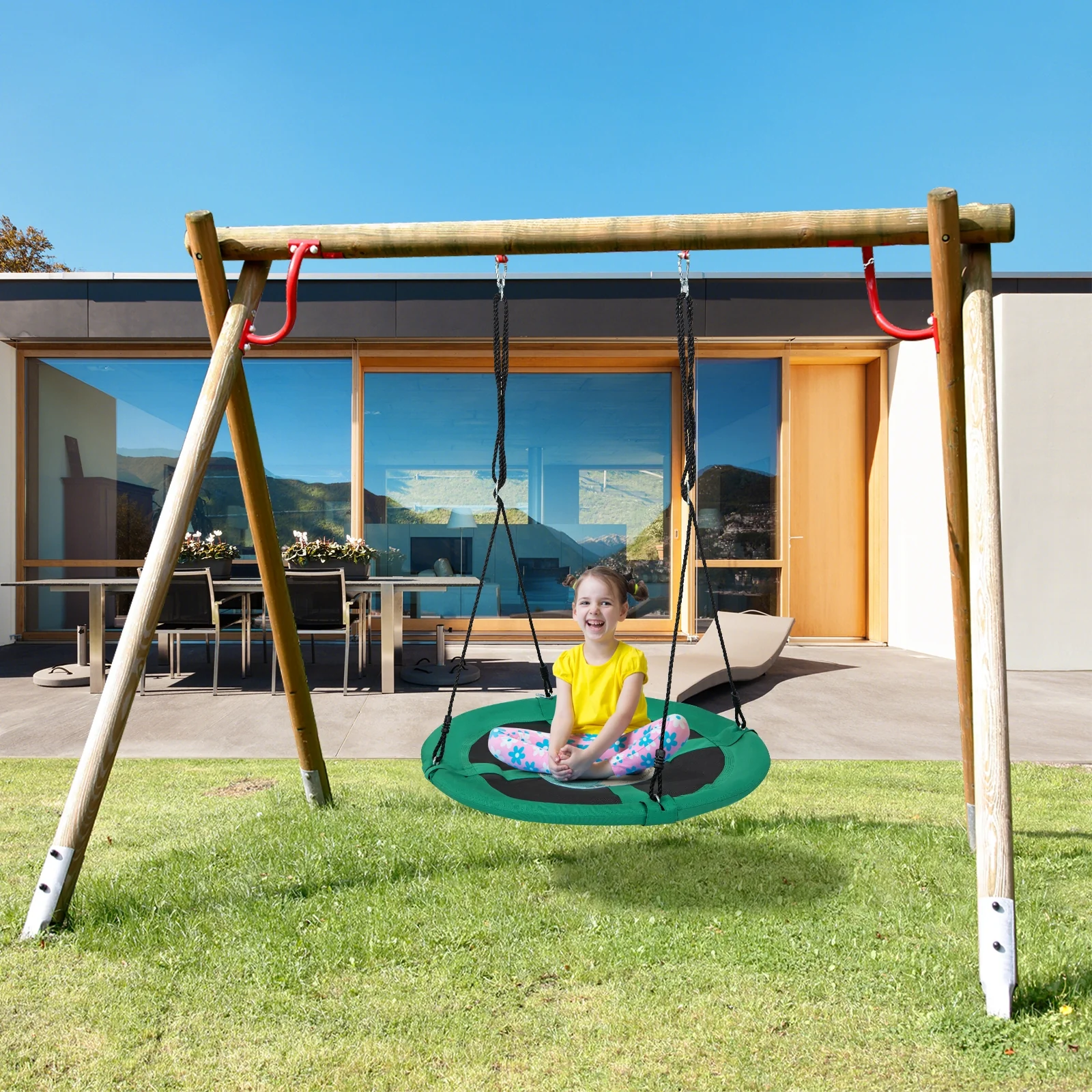 40 Inches Saucer Tree Swing, Round, Adjustable Ropes, Carabiners, Green - Image 3
