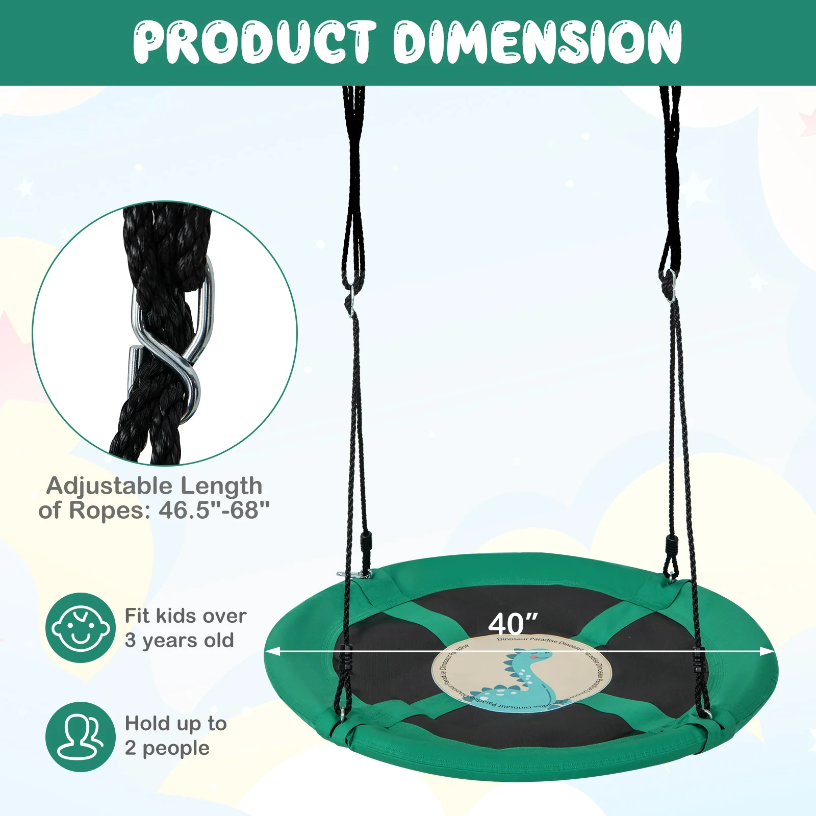 40 Inches Saucer Tree Swing, Round, Adjustable Ropes, Carabiners, Green - Image 5