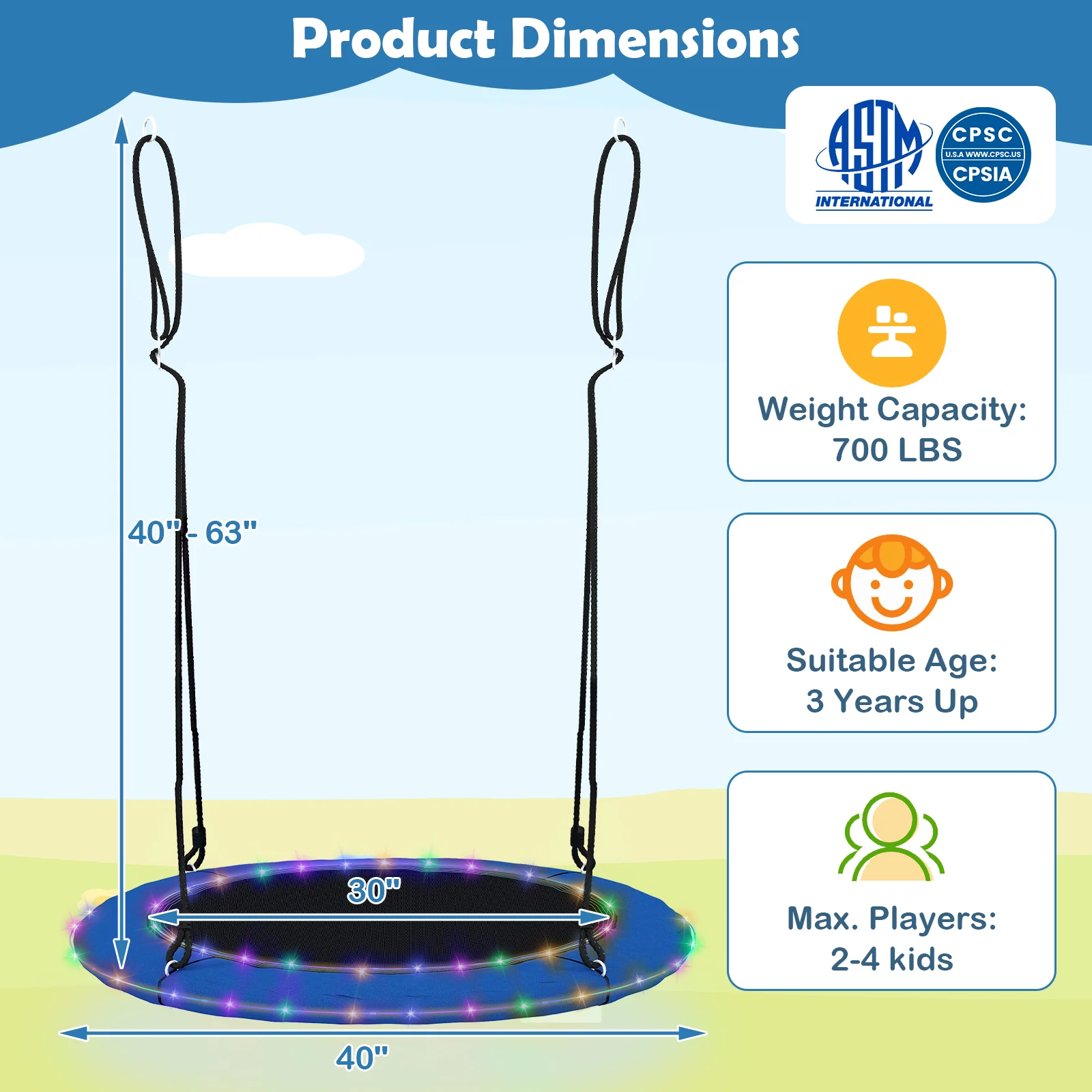 40 Inches Saucer Tree Swing With Lights, Blue - Image 5