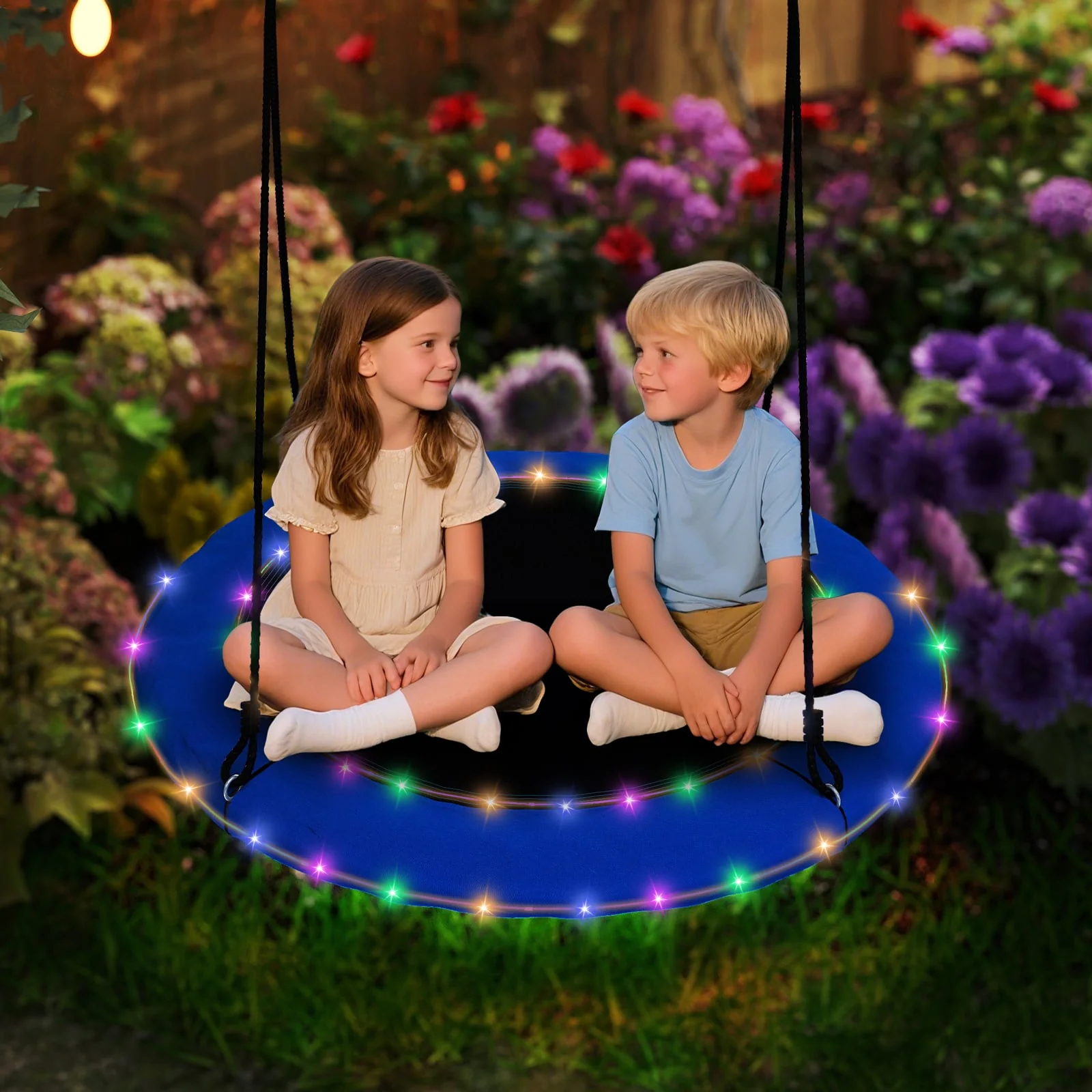 40 Inches Saucer Tree Swing With Lights, Blue - Image 6