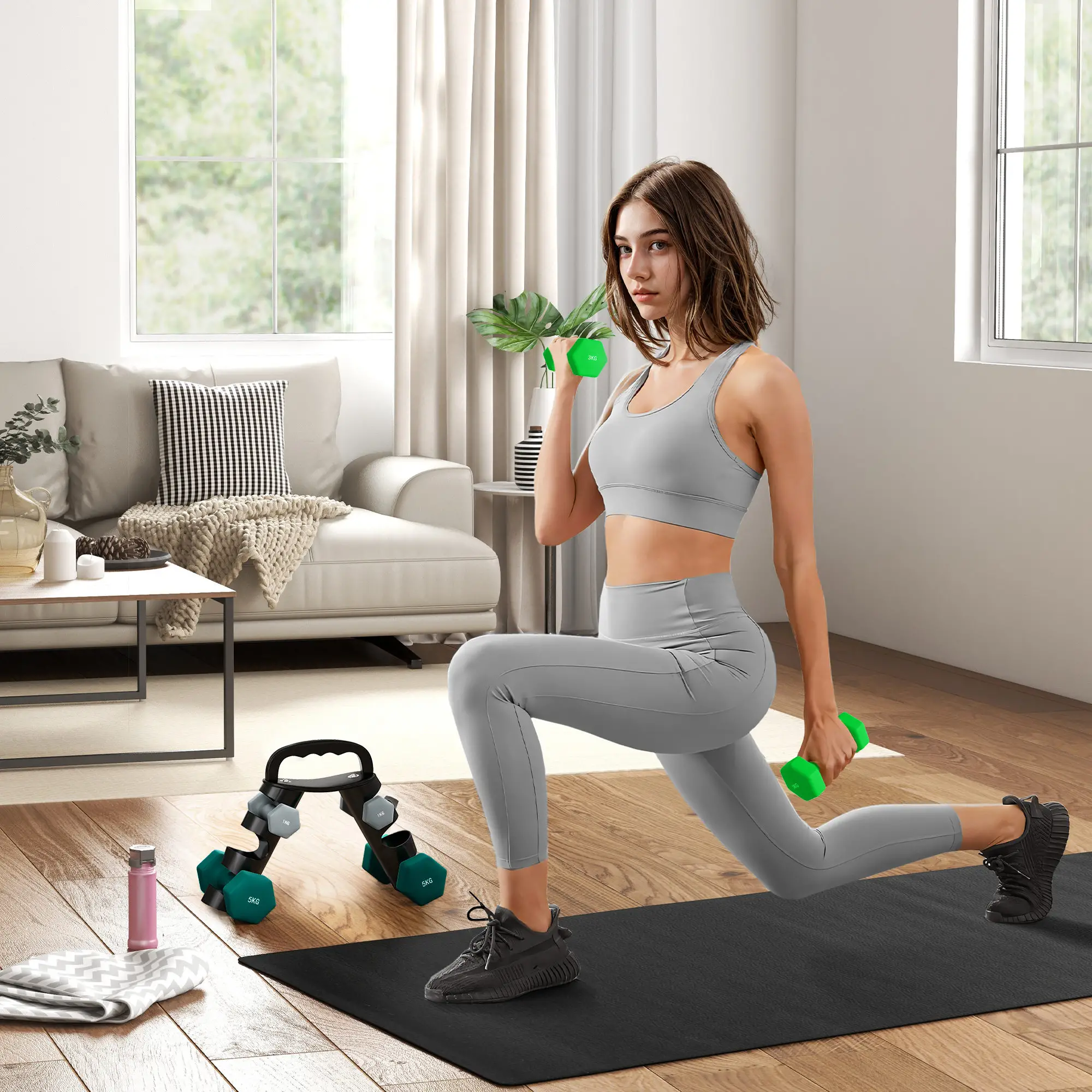40 LBS Hex Dumbbell Set, Adjustable, Home Gym, Green - Image 2