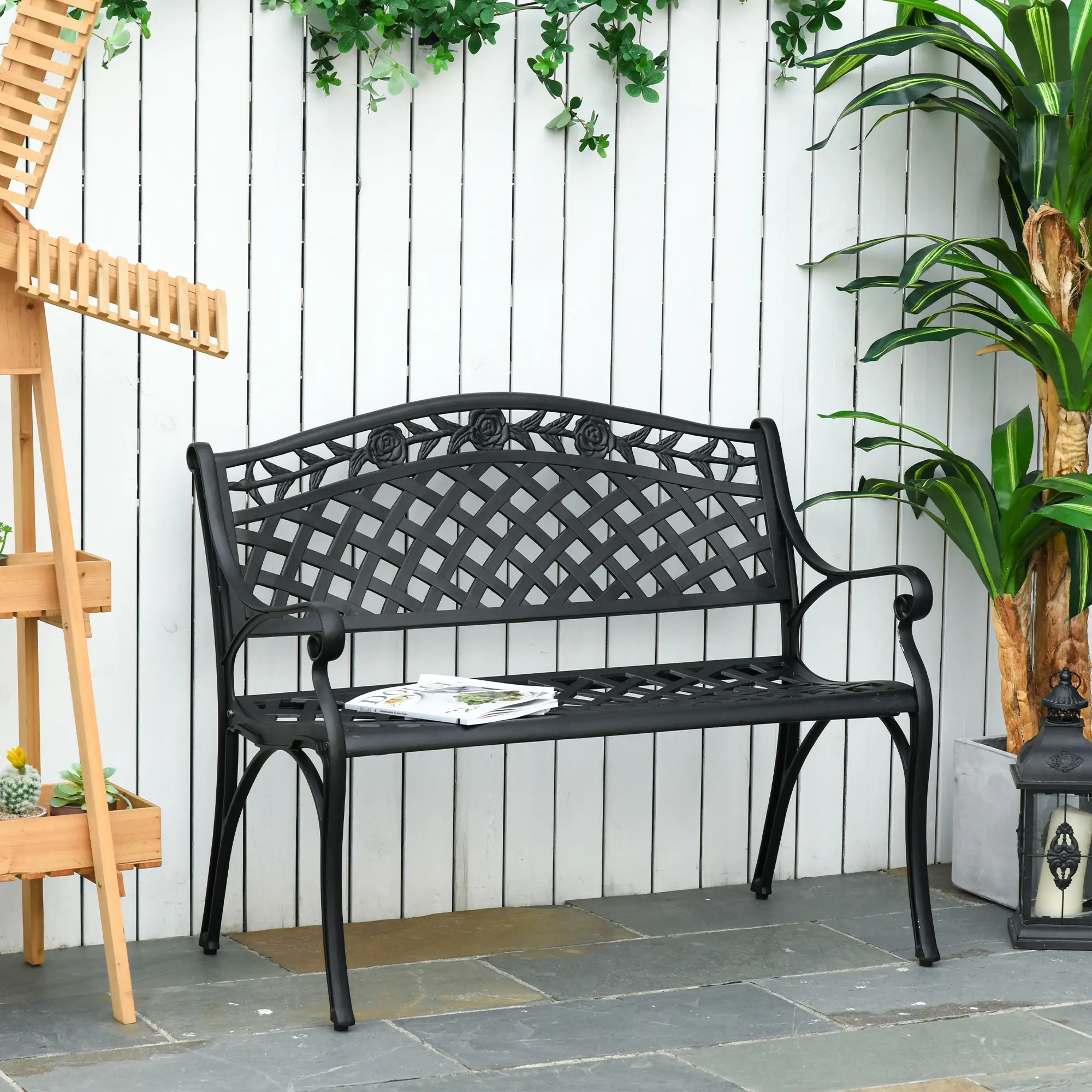 40" Outdoor Garden Bench, Aluminum Frame, Floral Pattern, 485 LBS - Image 2
