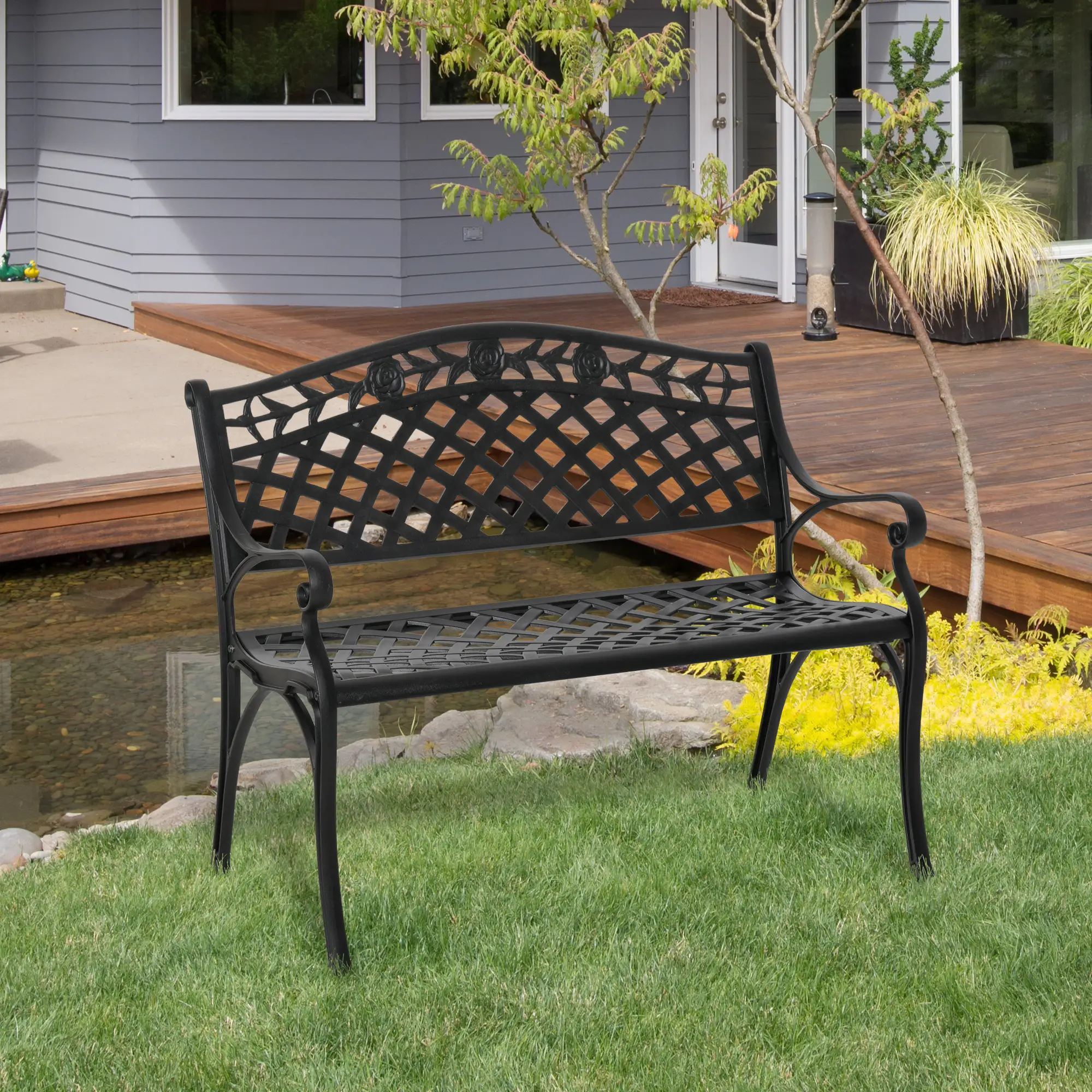 40" Outdoor Garden Bench, Aluminum Frame, Floral Pattern, 485 LBS - Image 8