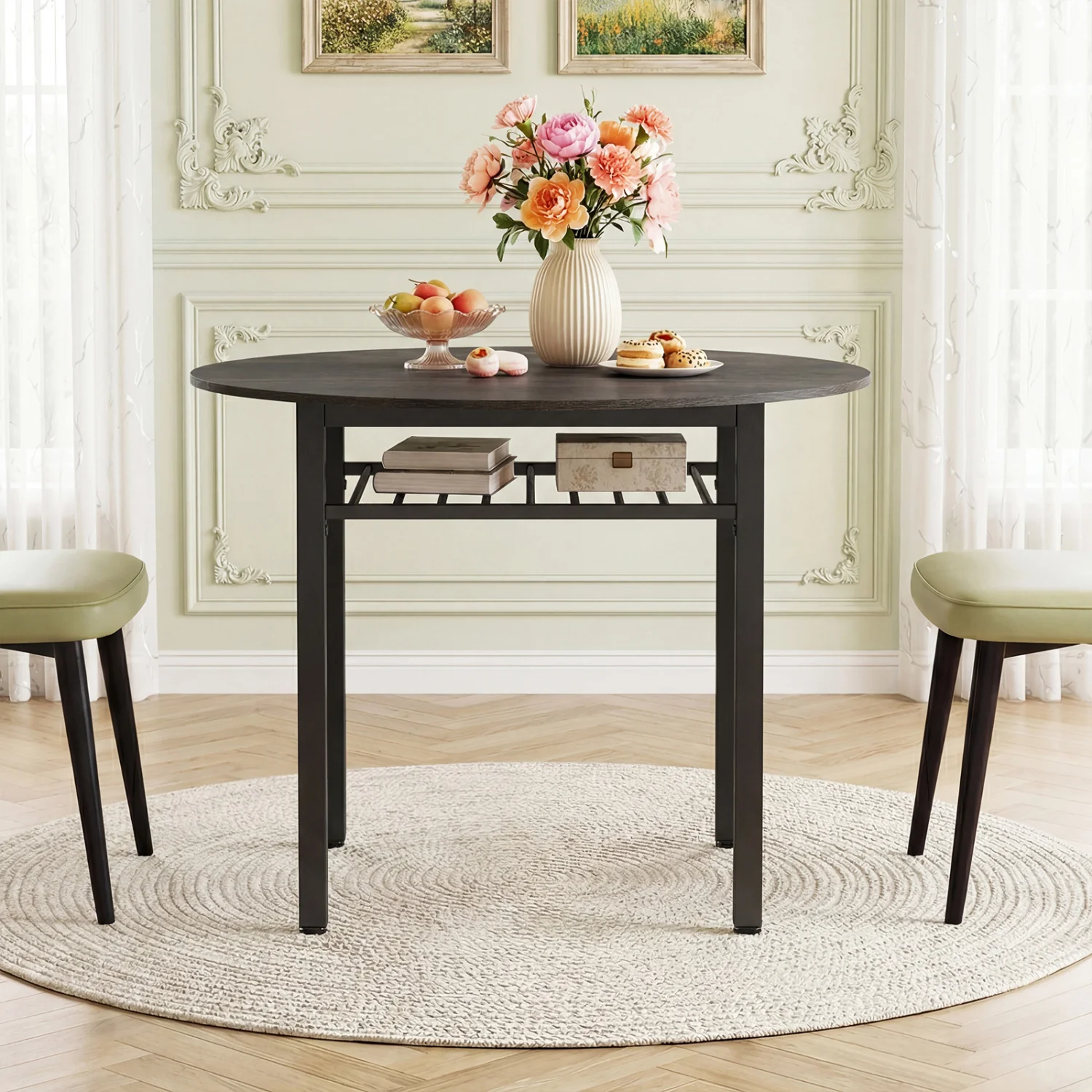 40” Round Kitchen Table with Storage Shelf and Metal Frame for 4 People, Gray - Image 2