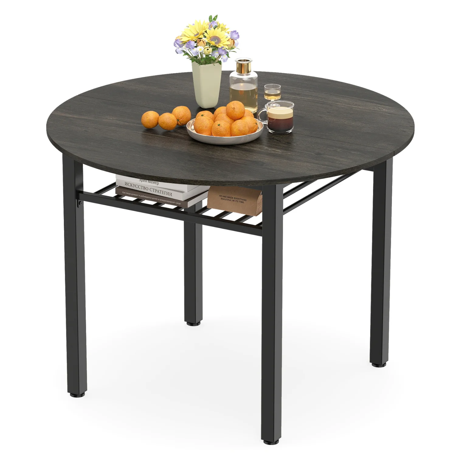 40” Round Kitchen Table with Storage Shelf and Metal Frame for 4 People, Gray - Image 4