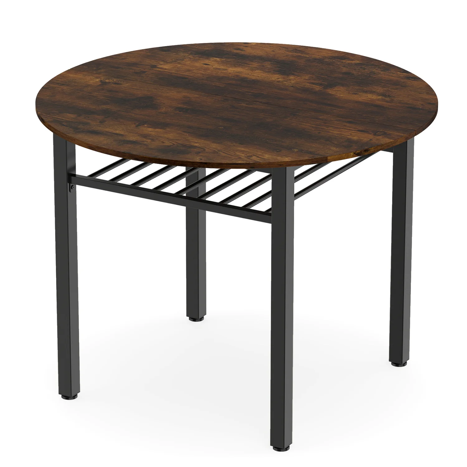 40” Round Kitchen Table with Storage Shelf and Metal Frame for 4 People, Rustic Brown