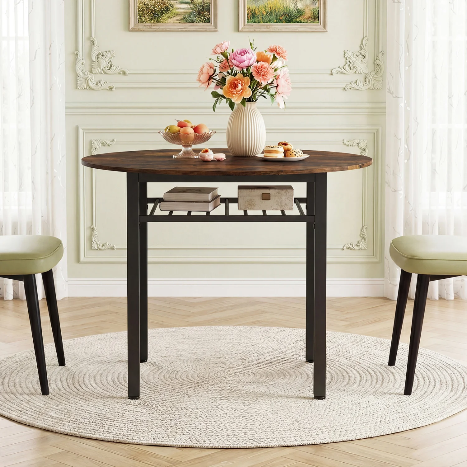 40” Round Kitchen Table with Storage Shelf and Metal Frame for 4 People, Rustic Brown - Image 2