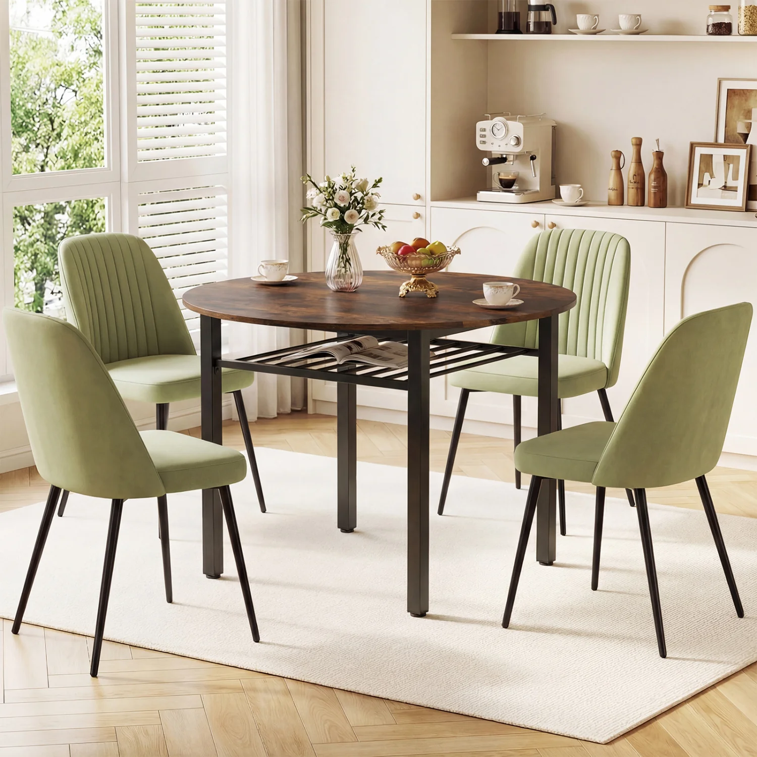 40” Round Kitchen Table with Storage Shelf and Metal Frame for 4 People, Rustic Brown - Image 3