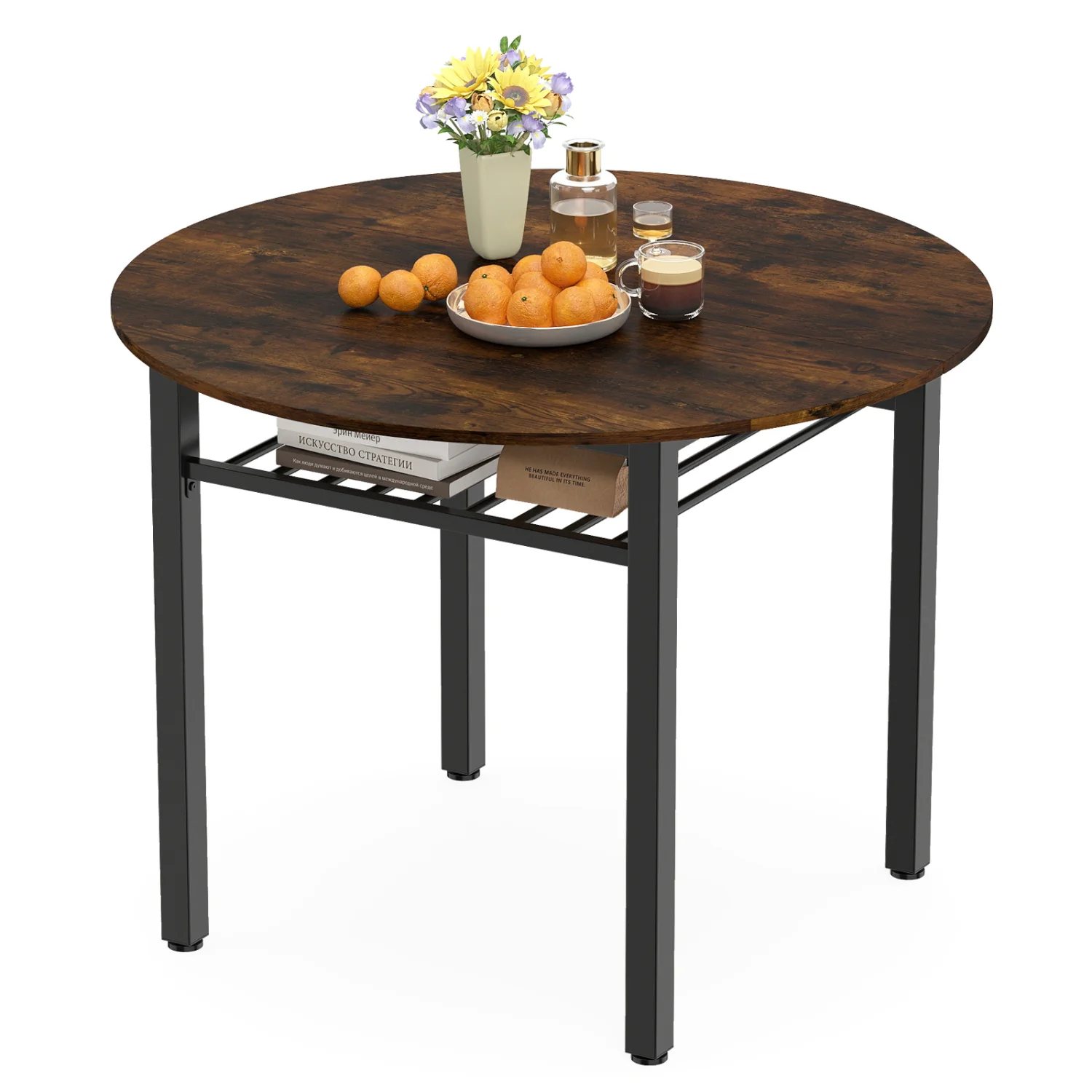 40” Round Kitchen Table with Storage Shelf and Metal Frame for 4 People, Rustic Brown - Image 4