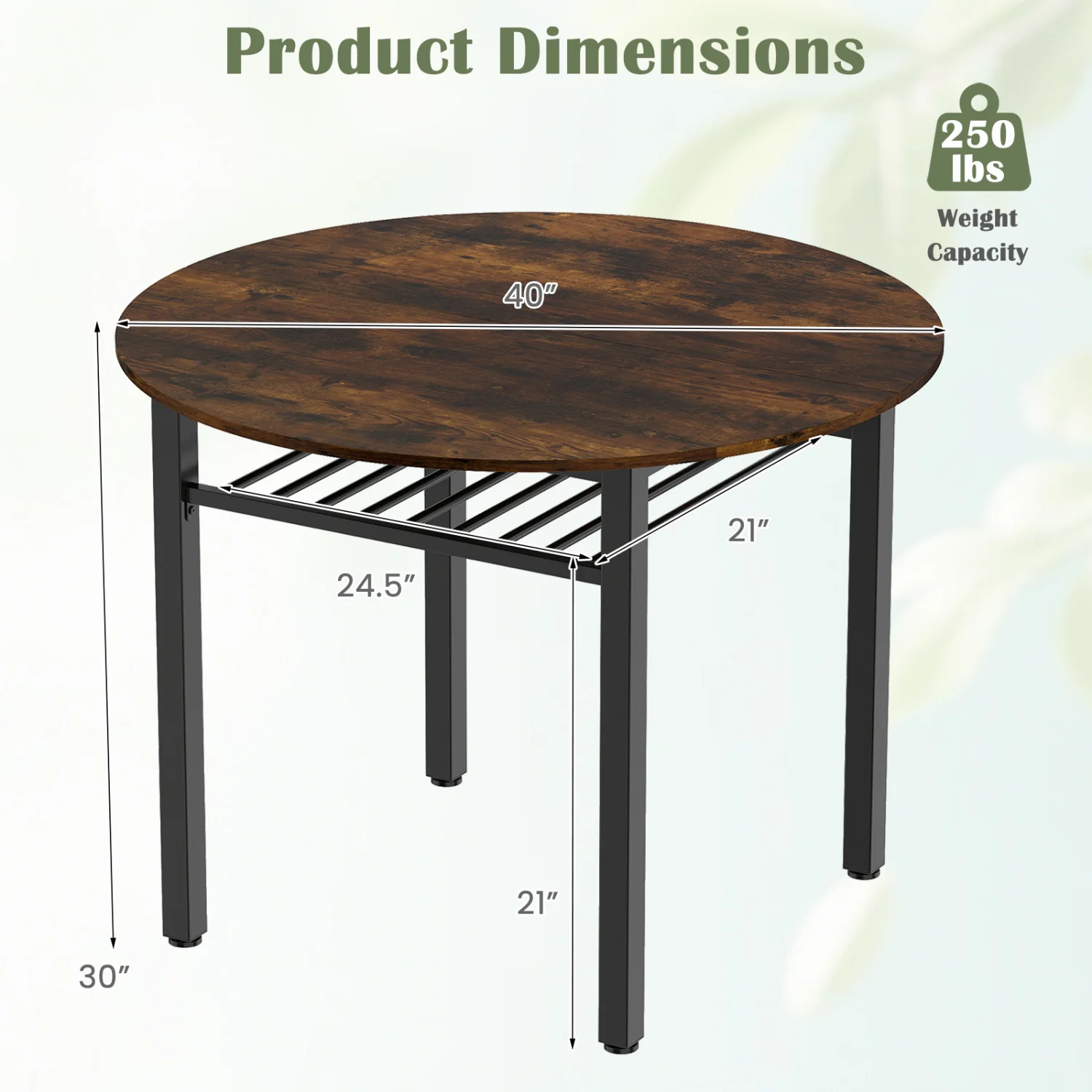 40” Round Kitchen Table with Storage Shelf and Metal Frame for 4 People, Rustic Brown - Image 5
