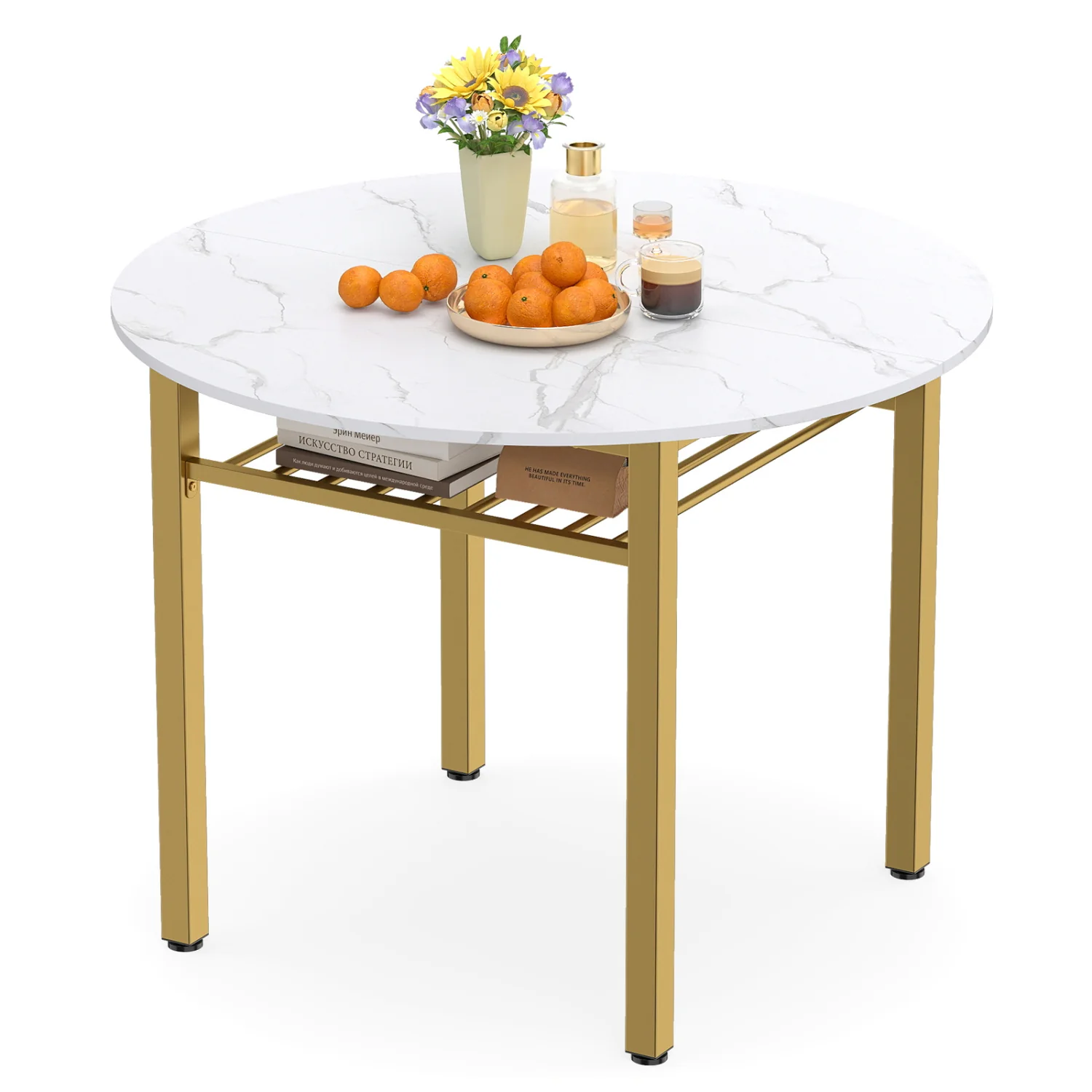 40” Round Kitchen Table with Storage Shelf and Metal Frame for 4 People, White - Image 4