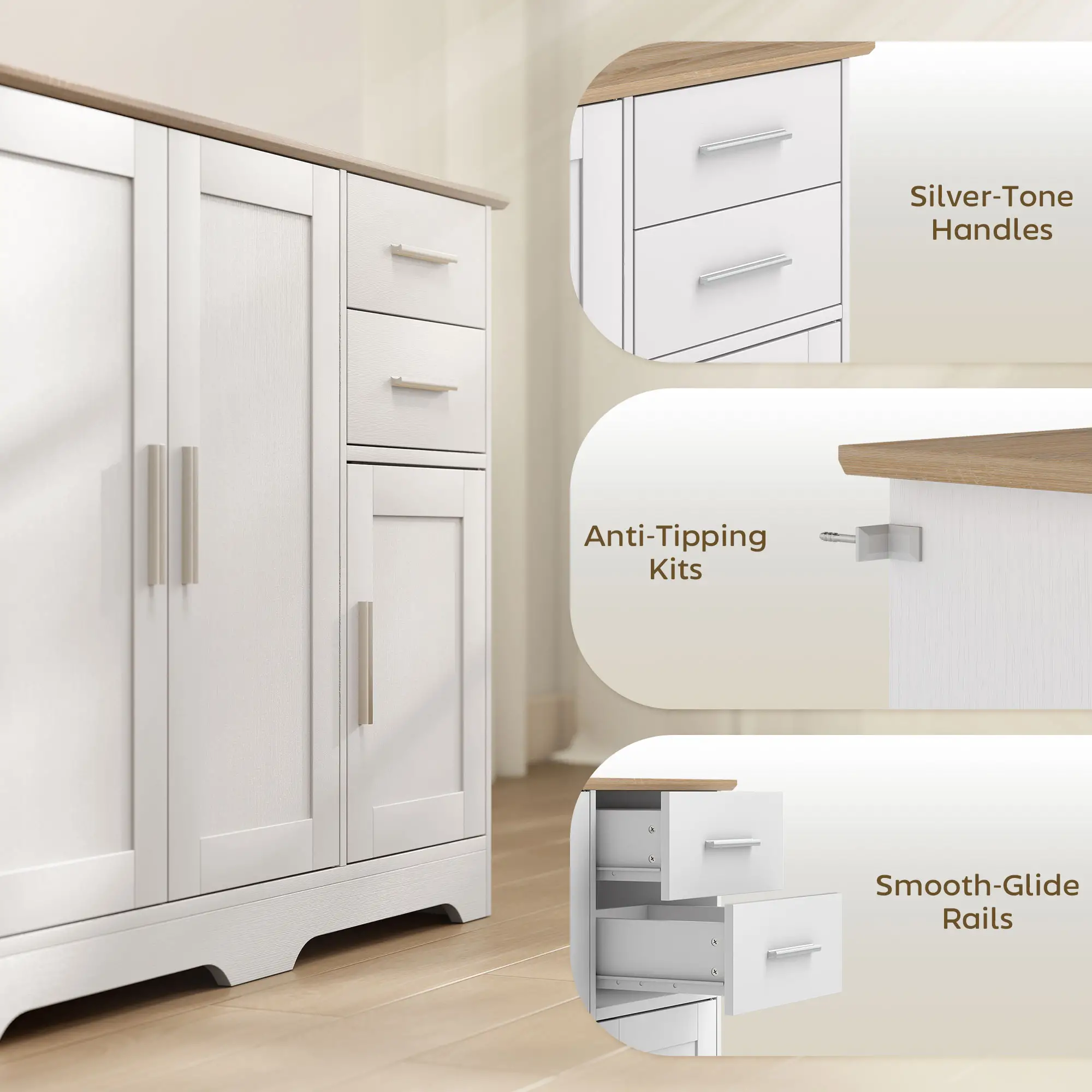 40" Sideboard Buffet Cabinet, Modern Kitchen Storage Cabinet with 2 Drawers, 3 Doors &; Adjustable Shelf, White - Image 6