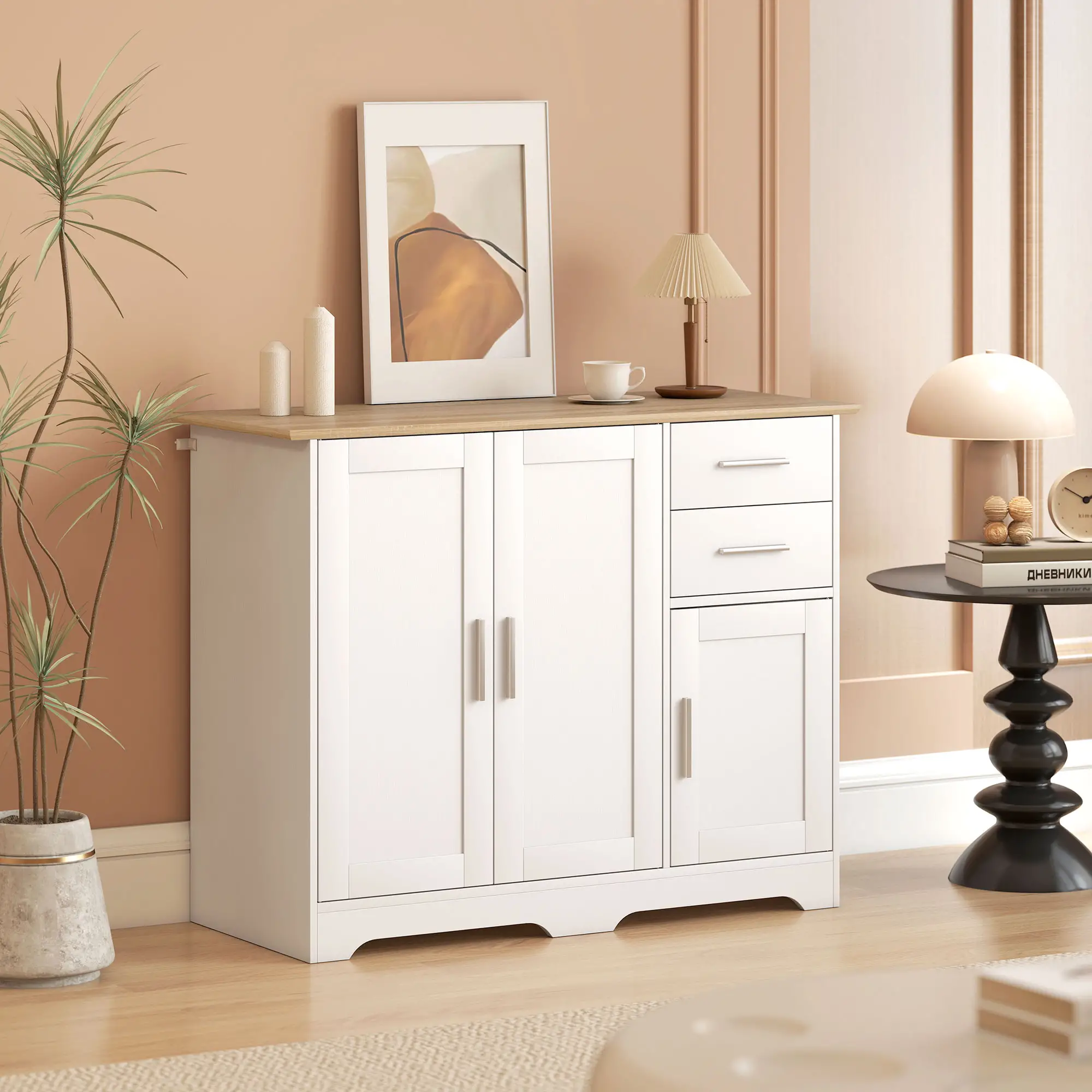40" Sideboard Buffet Cabinet, Modern Kitchen Storage Cabinet with 2 Drawers, 3 Doors &; Adjustable Shelf, White - Image 8