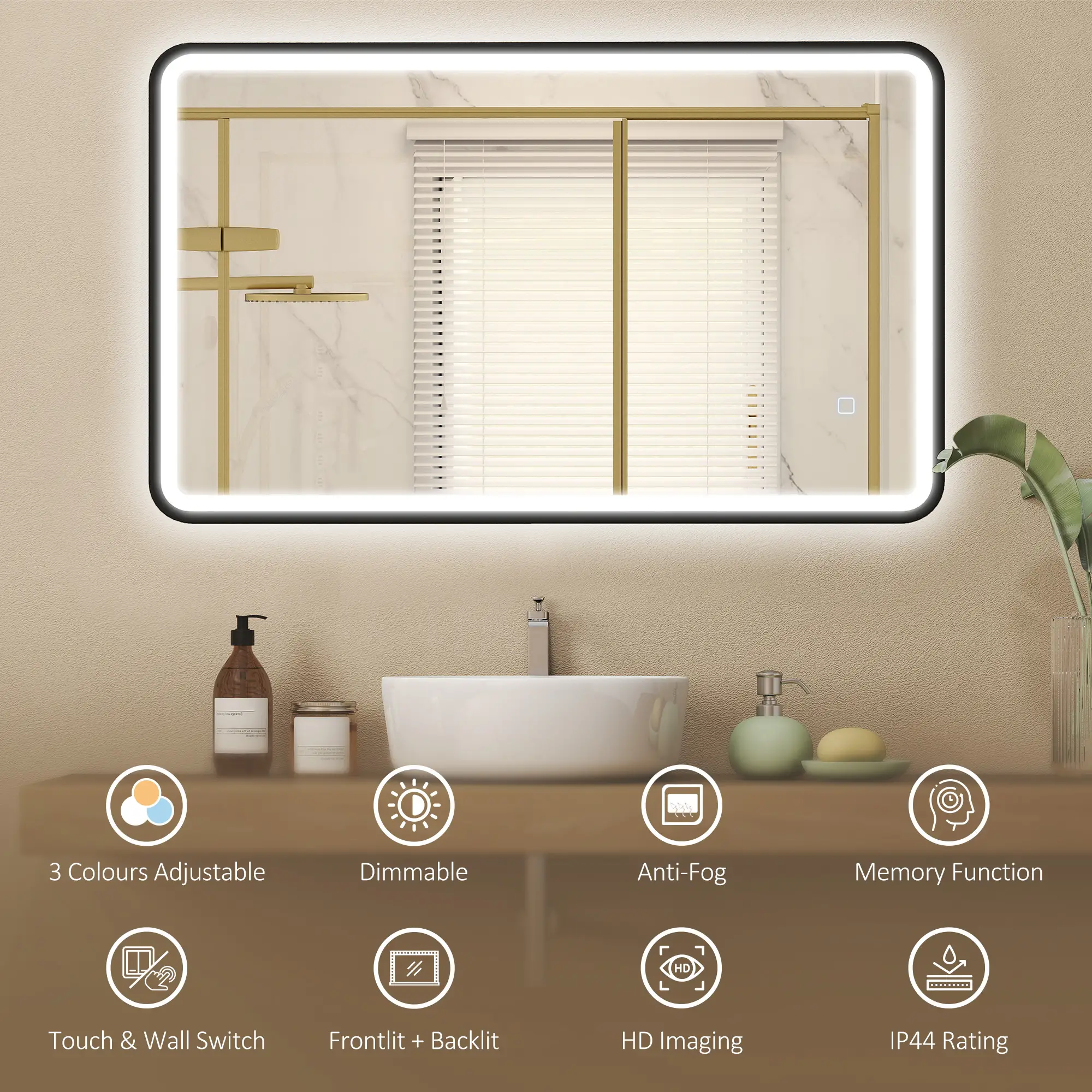 40" x 24" Bath Mirror, LED Lights, Wall Mounted, 3 Colors, Dimmable, Black - Image 4