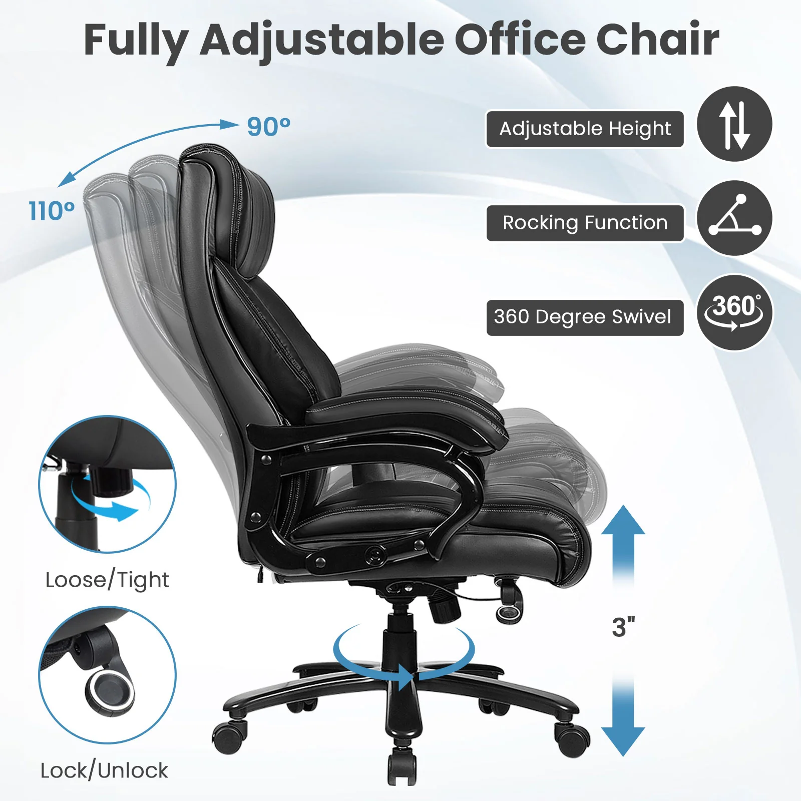 400lb PU Leather Massage Office Chair, Black - Image 4