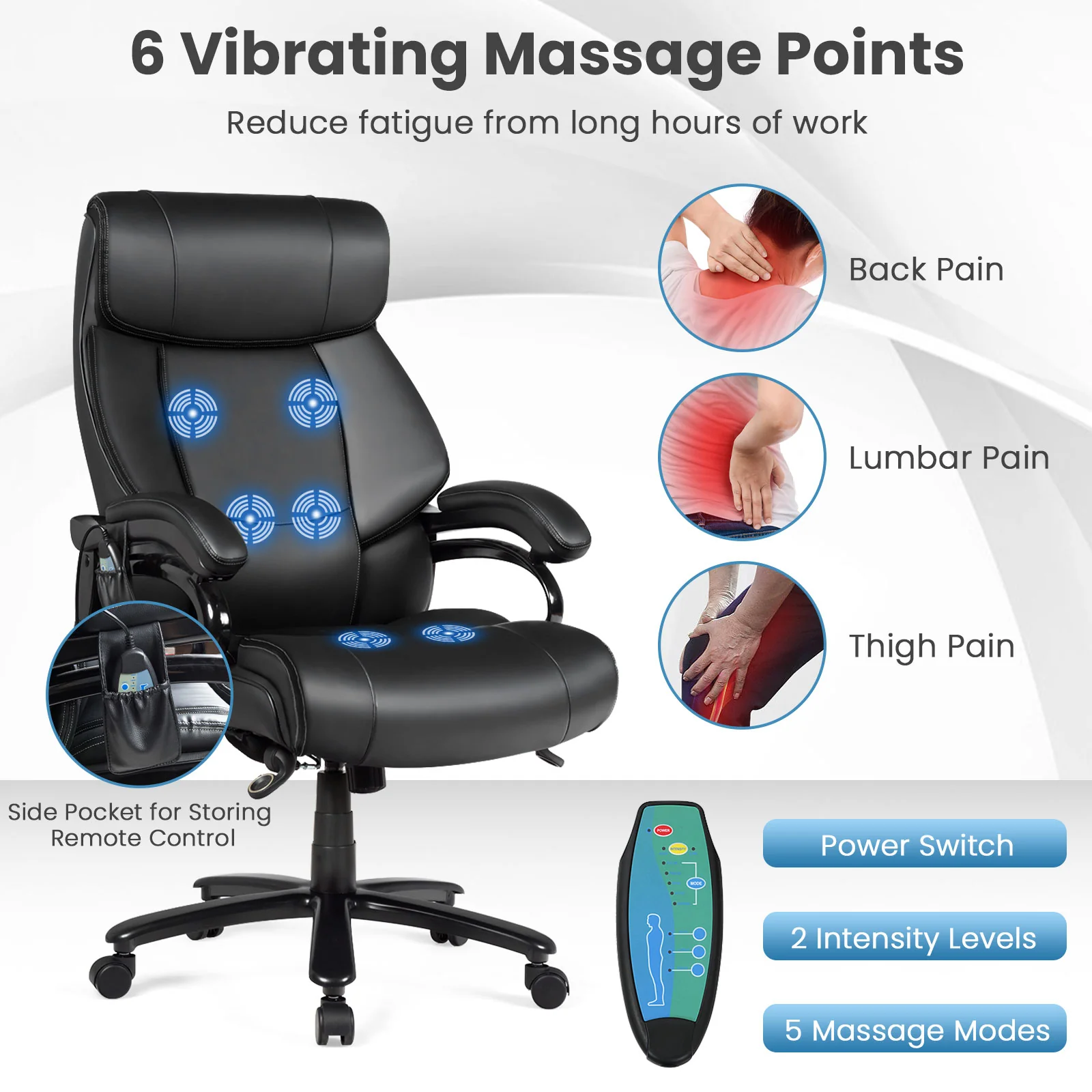 400lb PU Leather Massage Office Chair, Black - Image 6