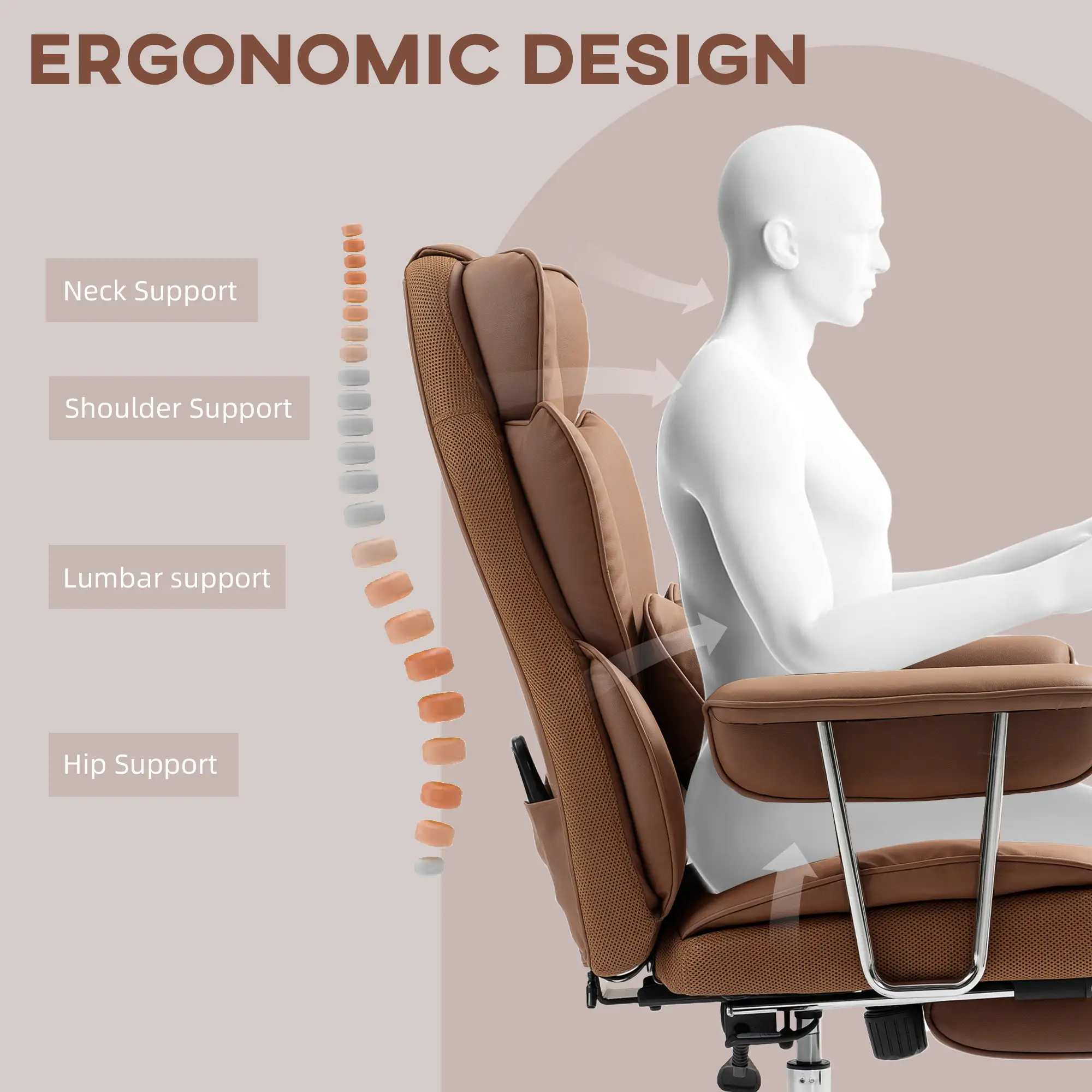 400LBS Massage Office Chair, 6-Point Vibration, Footrest, Lumbar Support, Brown - Image 6