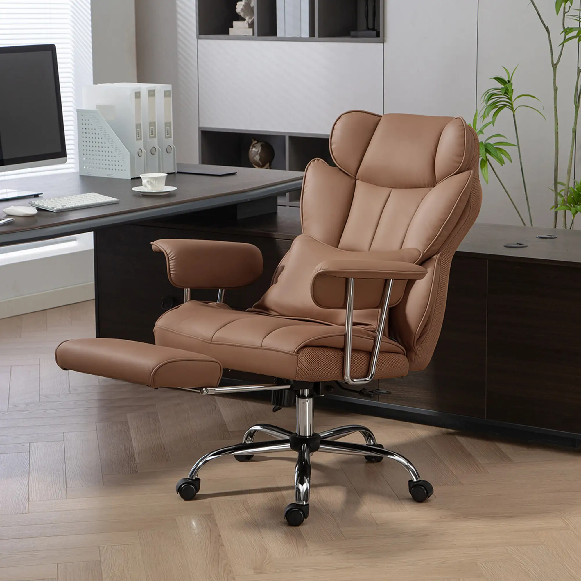 400LBS Massage Office Chair, 6-Point Vibration, Footrest, Lumbar Support, Brown - Image 8