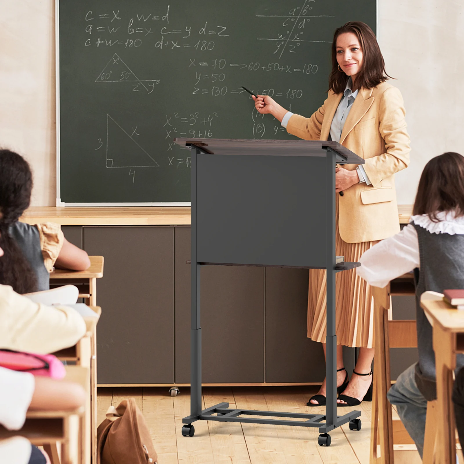 40.5-49 Inch Height Adjustable Rolling Podium Stand Lectern Table, Black - Image 7