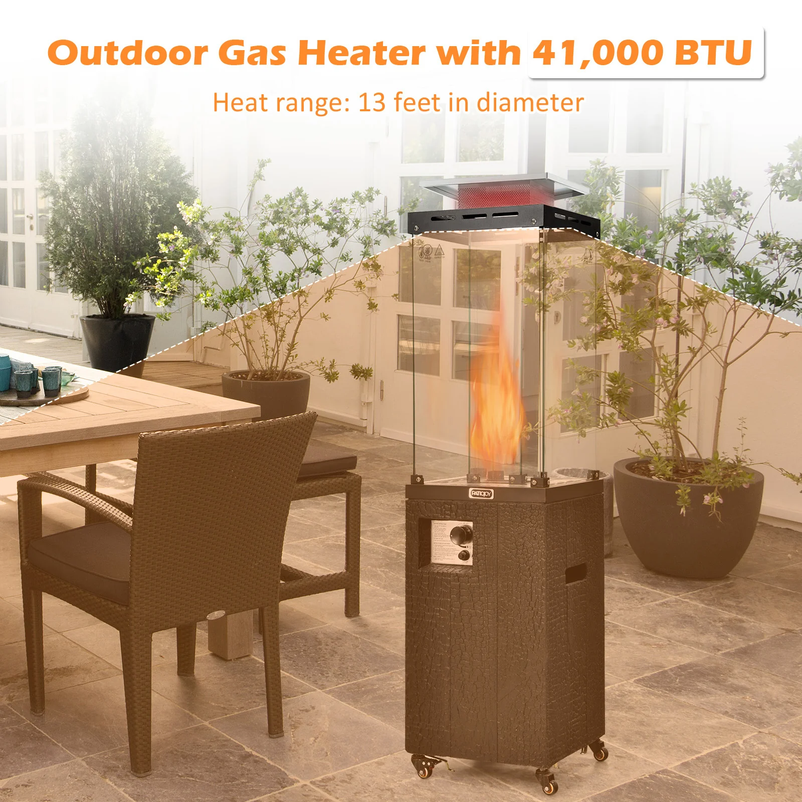 41,000 BTU Propane Patio Heater, Lockable Wheels, Black - Image 3