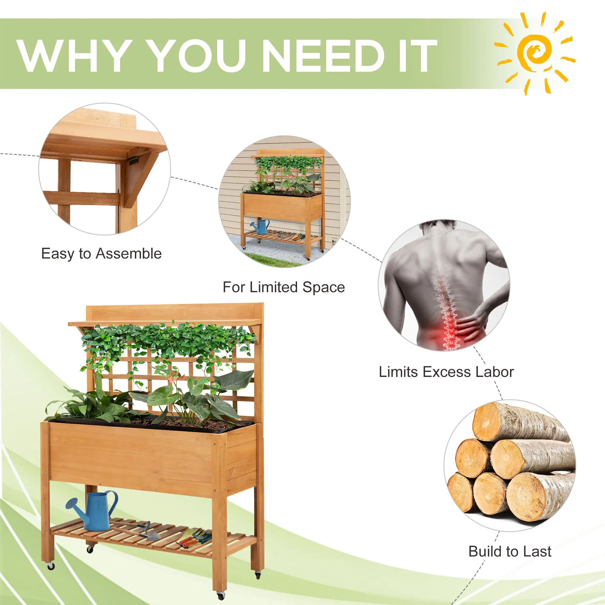 41.25"x15.75"x53.25" Wooden Raised Garden Bed, Flower Herb Box, Shelf Wheels, Outdoor Indoor - Image 4