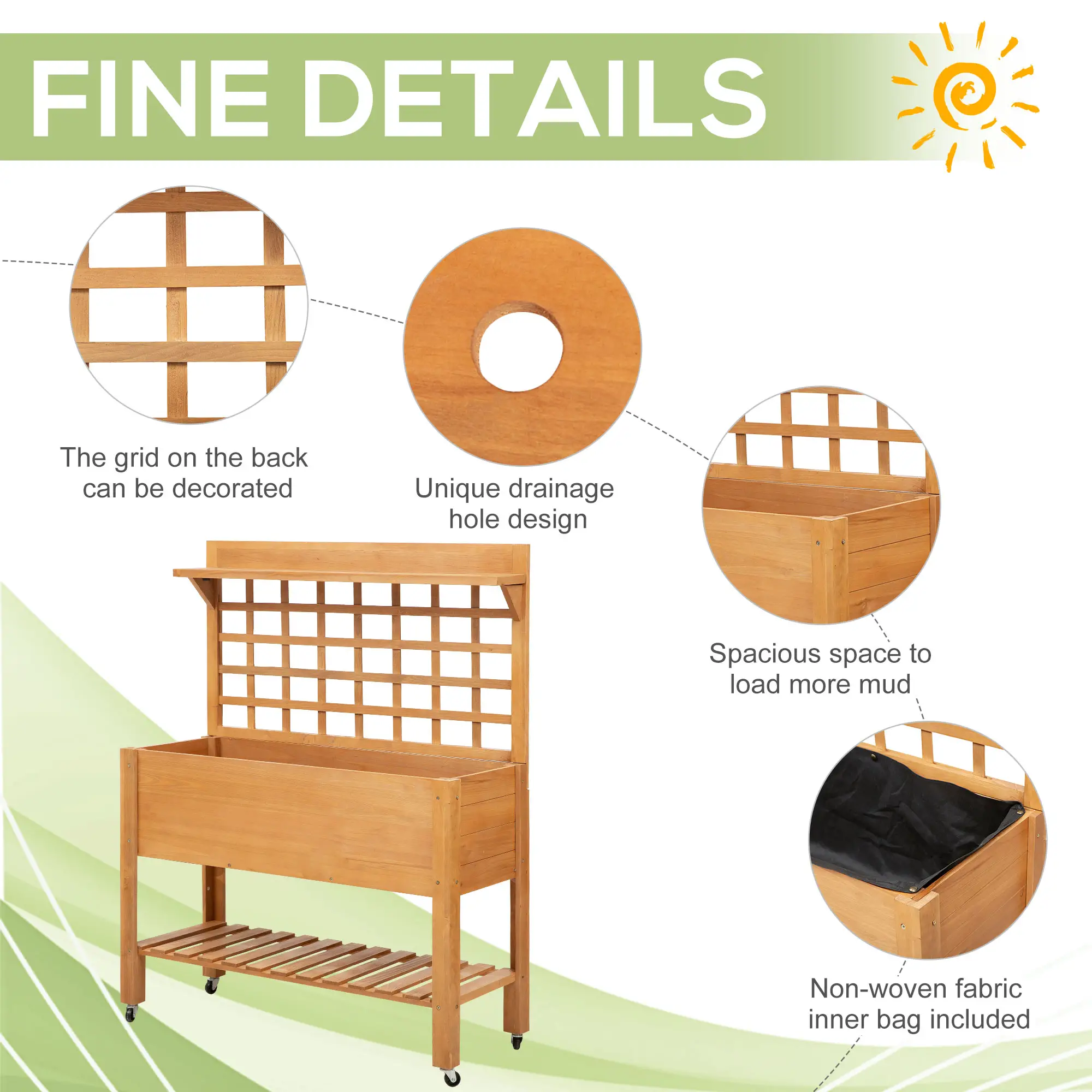 41.25"x15.75"x53.25" Wooden Raised Garden Bed, Flower Herb Box, Shelf Wheels, Outdoor Indoor - Image 5