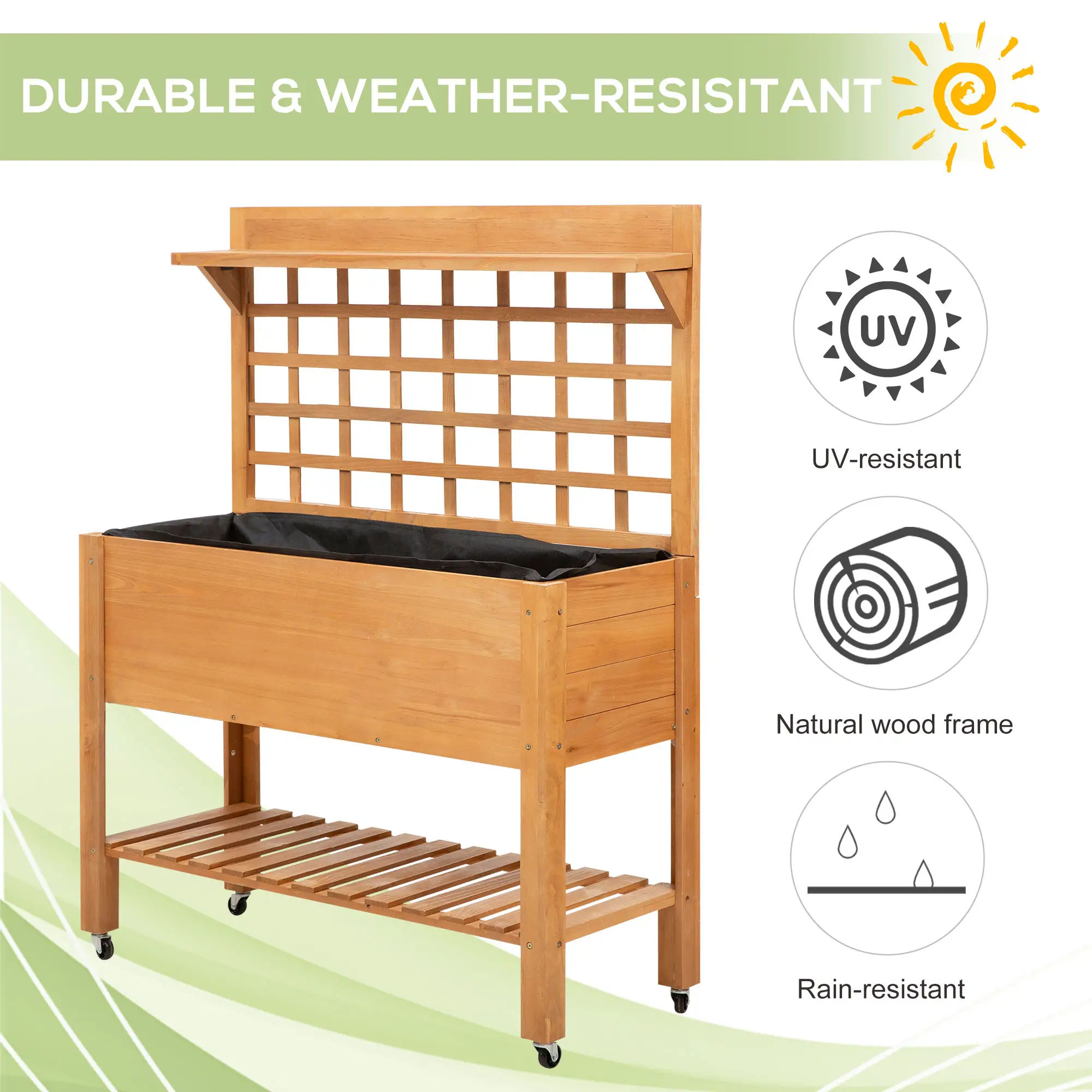 41.25"x15.75"x53.25" Wooden Raised Garden Bed, Flower Herb Box, Shelf Wheels, Outdoor Indoor - Image 7