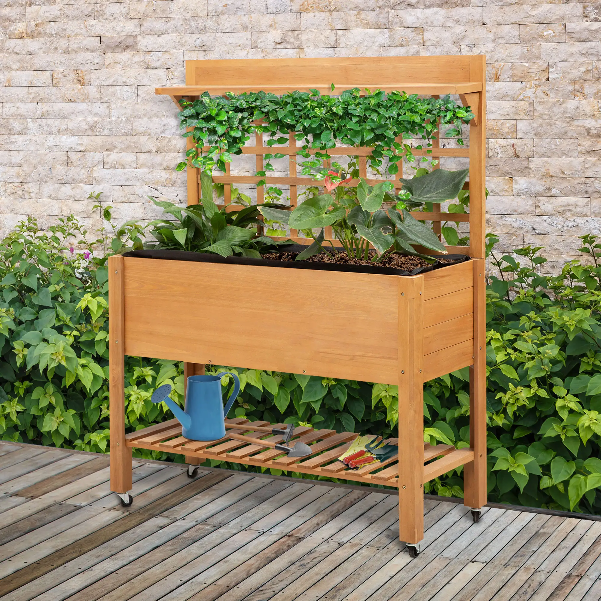 41.25"x15.75"x53.25" Wooden Raised Garden Bed, Flower Herb Box, Shelf Wheels, Outdoor Indoor - Image 8