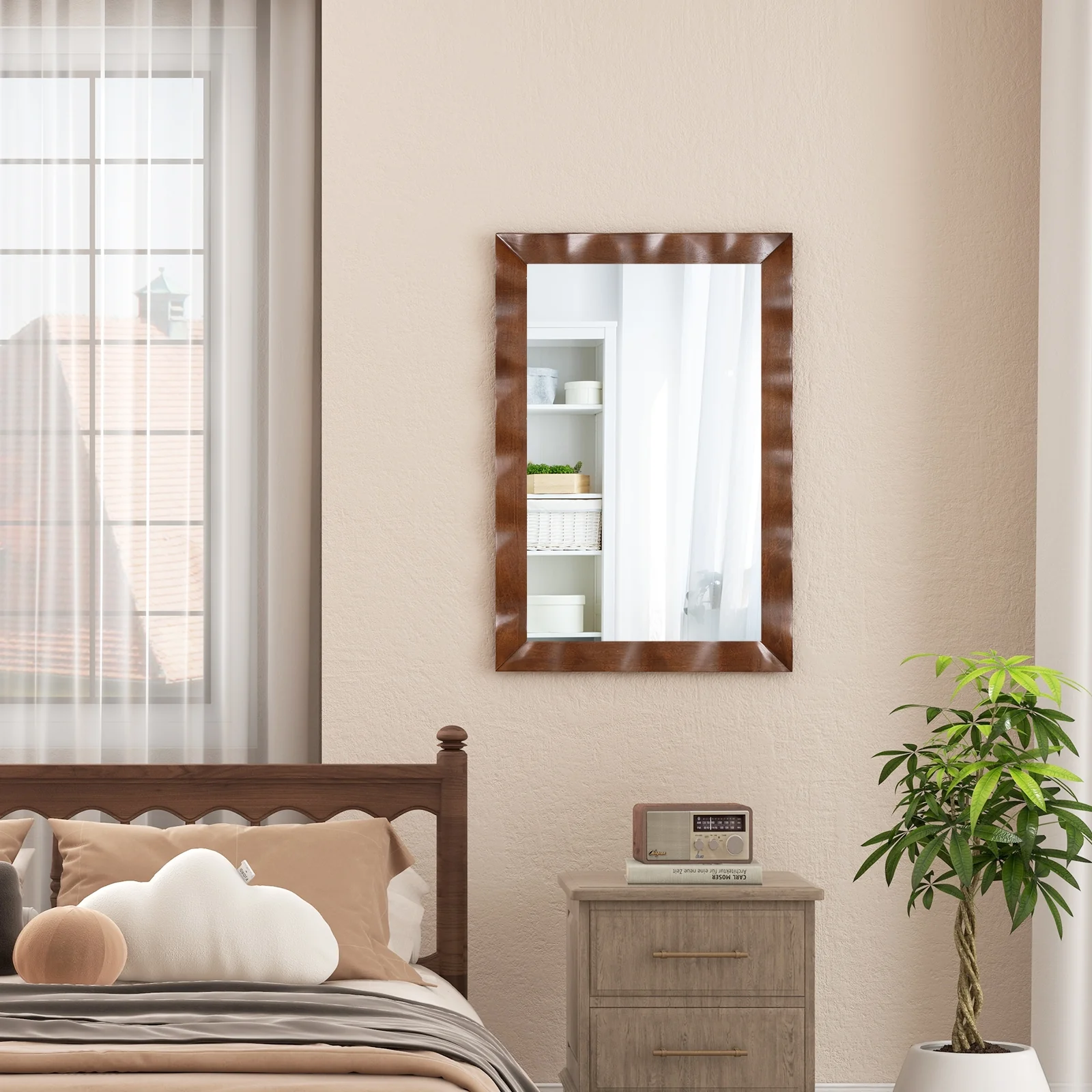 41.5 x 28 Inches Farmhouse Wall Mirror, Solid Wood Frame, Brown - Image 7