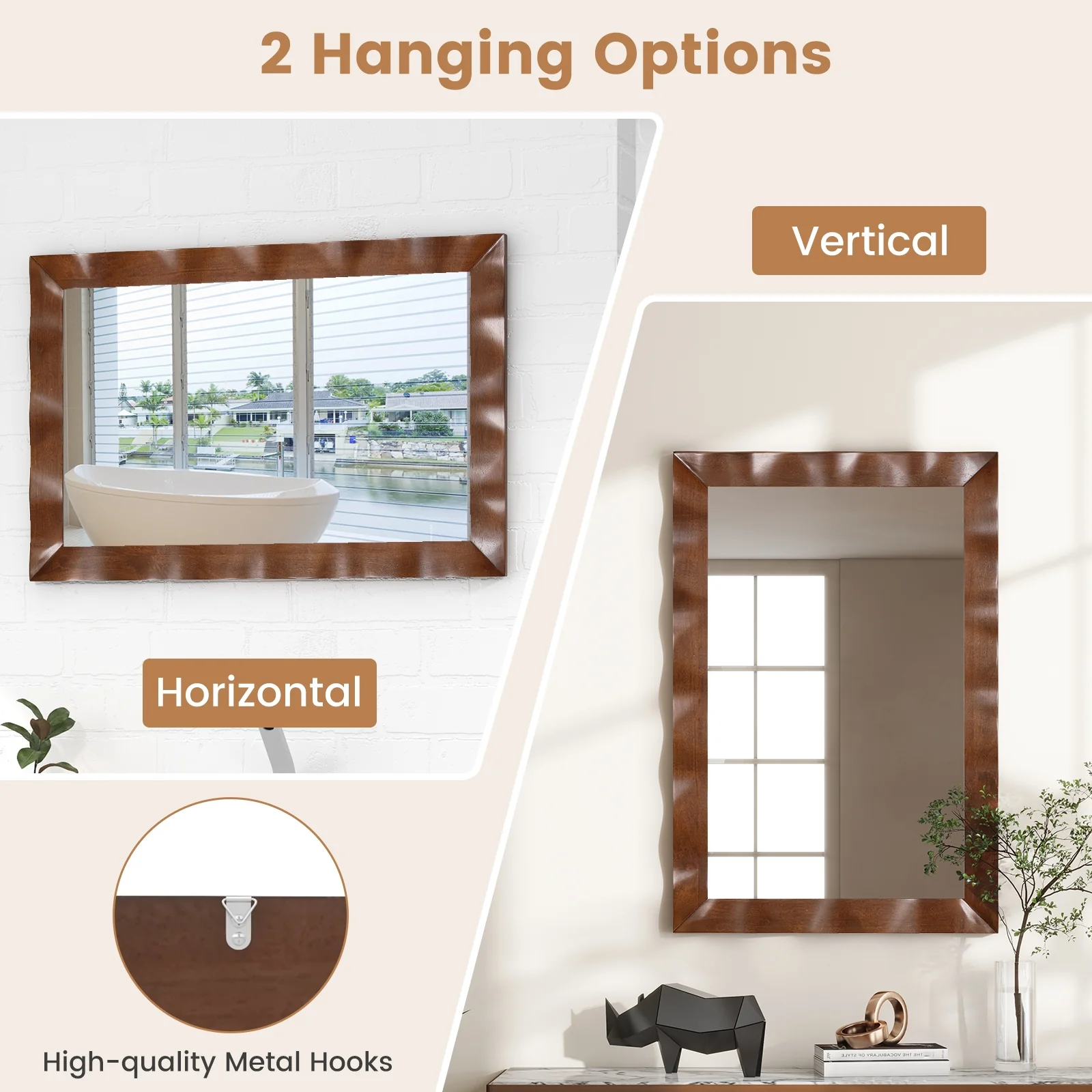 41.5 x 28 Inches Farmhouse Wall Mirror, Solid Wood Frame, Brown - Image 8