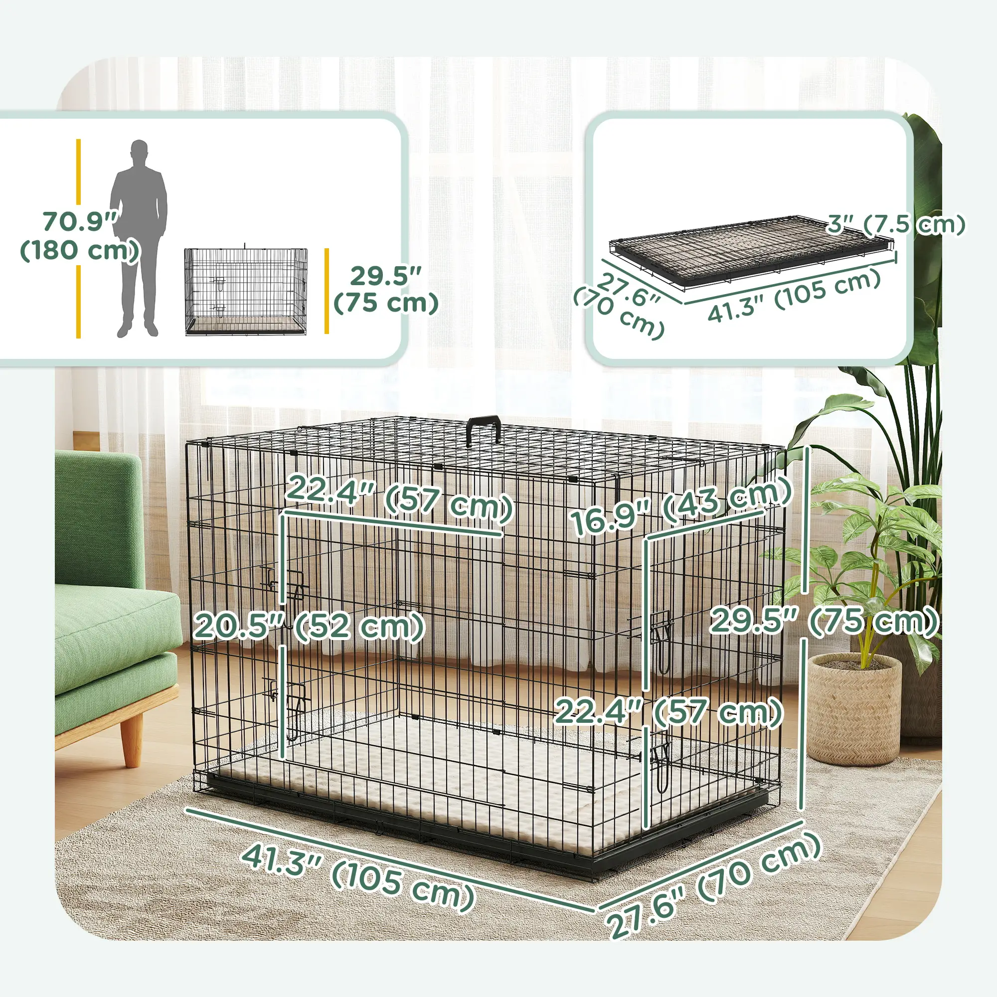 41" Folding Metal Dog Crate, 2 Doors, Removable Tray, Black - Image 3