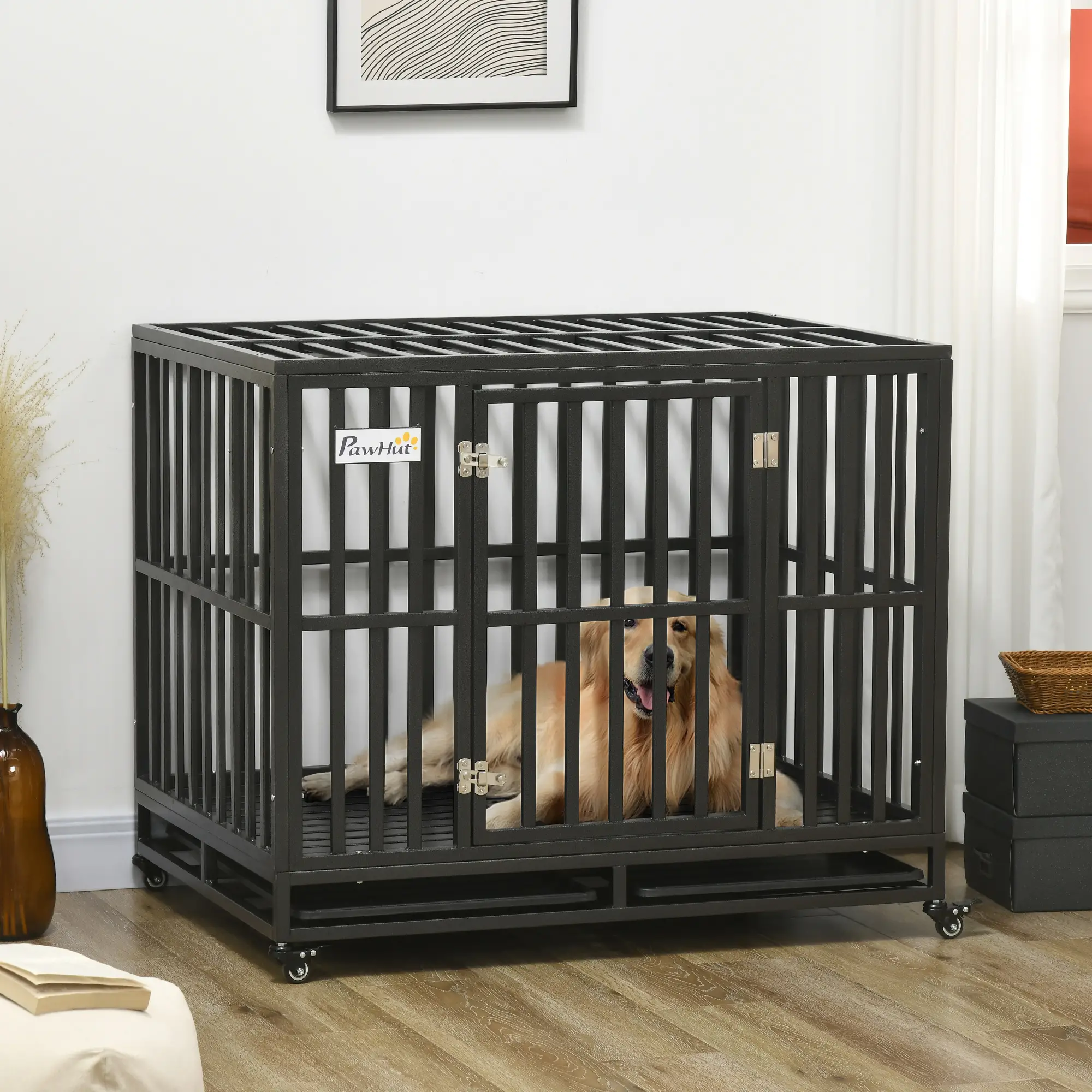 41 Heavy Duty Steel Dog Crate, Pet Cage with Wheels, Black - Image 2