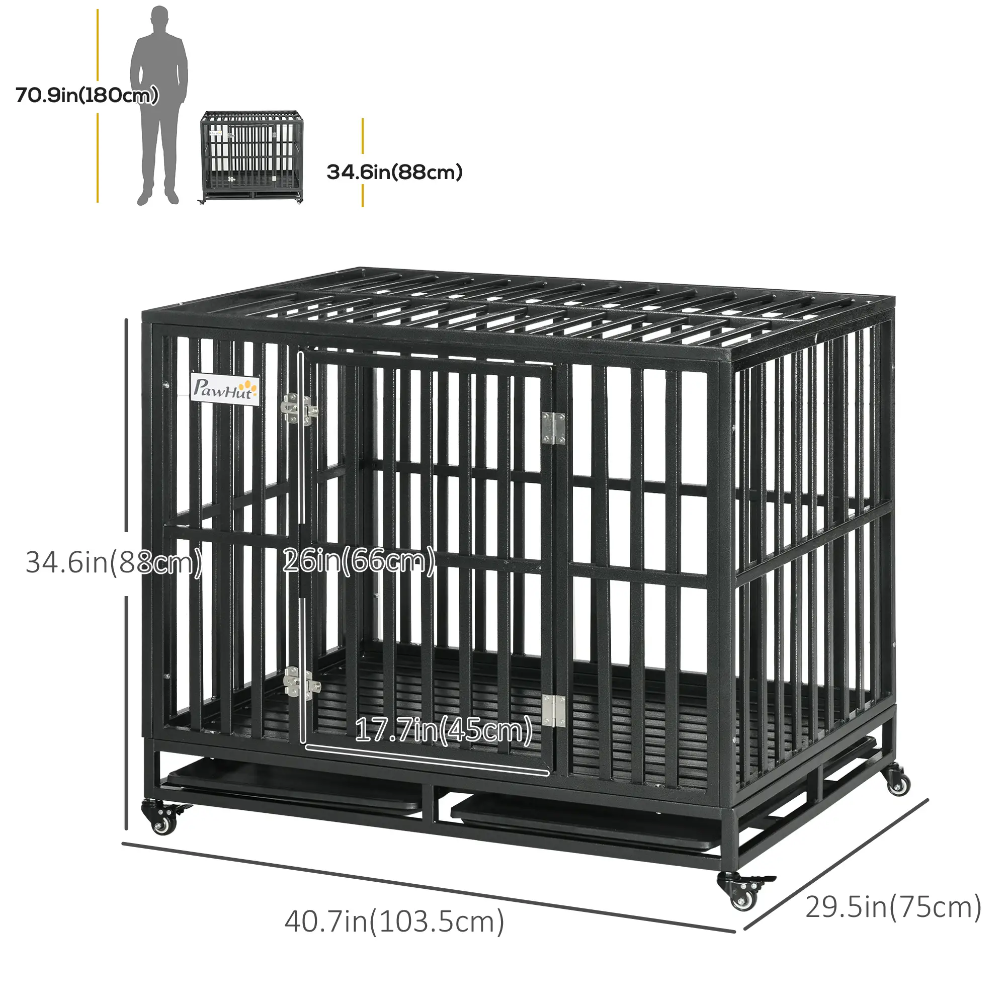 41 Heavy Duty Steel Dog Crate, Pet Cage with Wheels, Black - Image 3