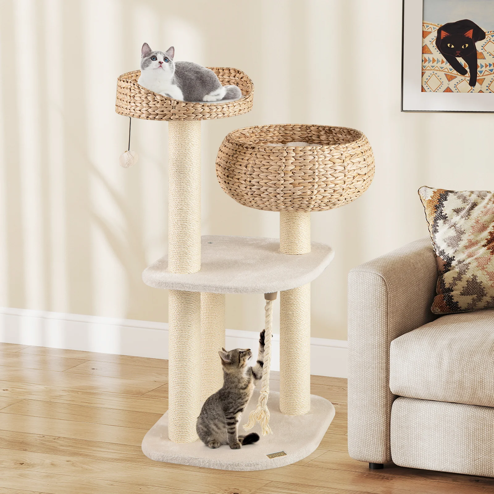 41 Inch Rattan Cat Tree, Napping Perch, White - Image 2