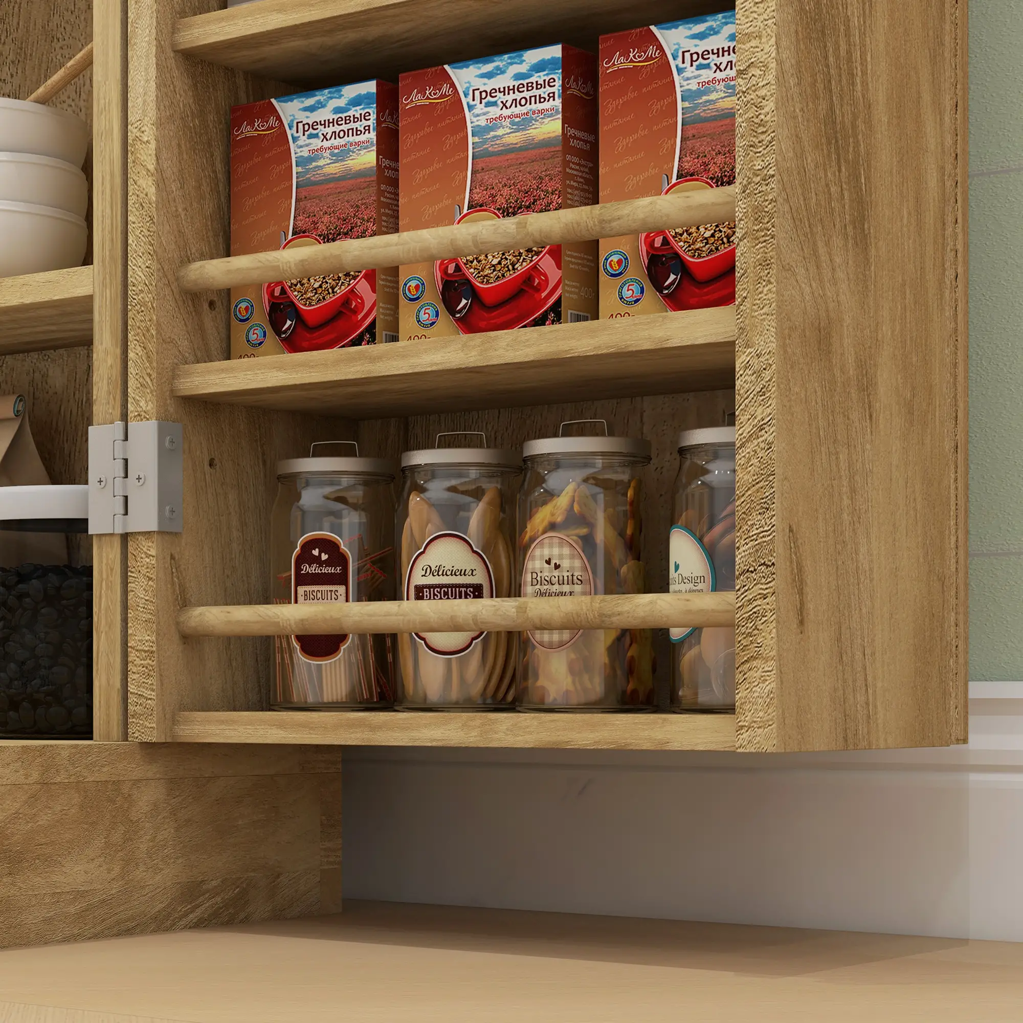 41" Rattan Kitchen Storage Cabinet, 5-Tier Shelf, 12 Spice Racks, Adjustable Shelves, Natural - Image 10