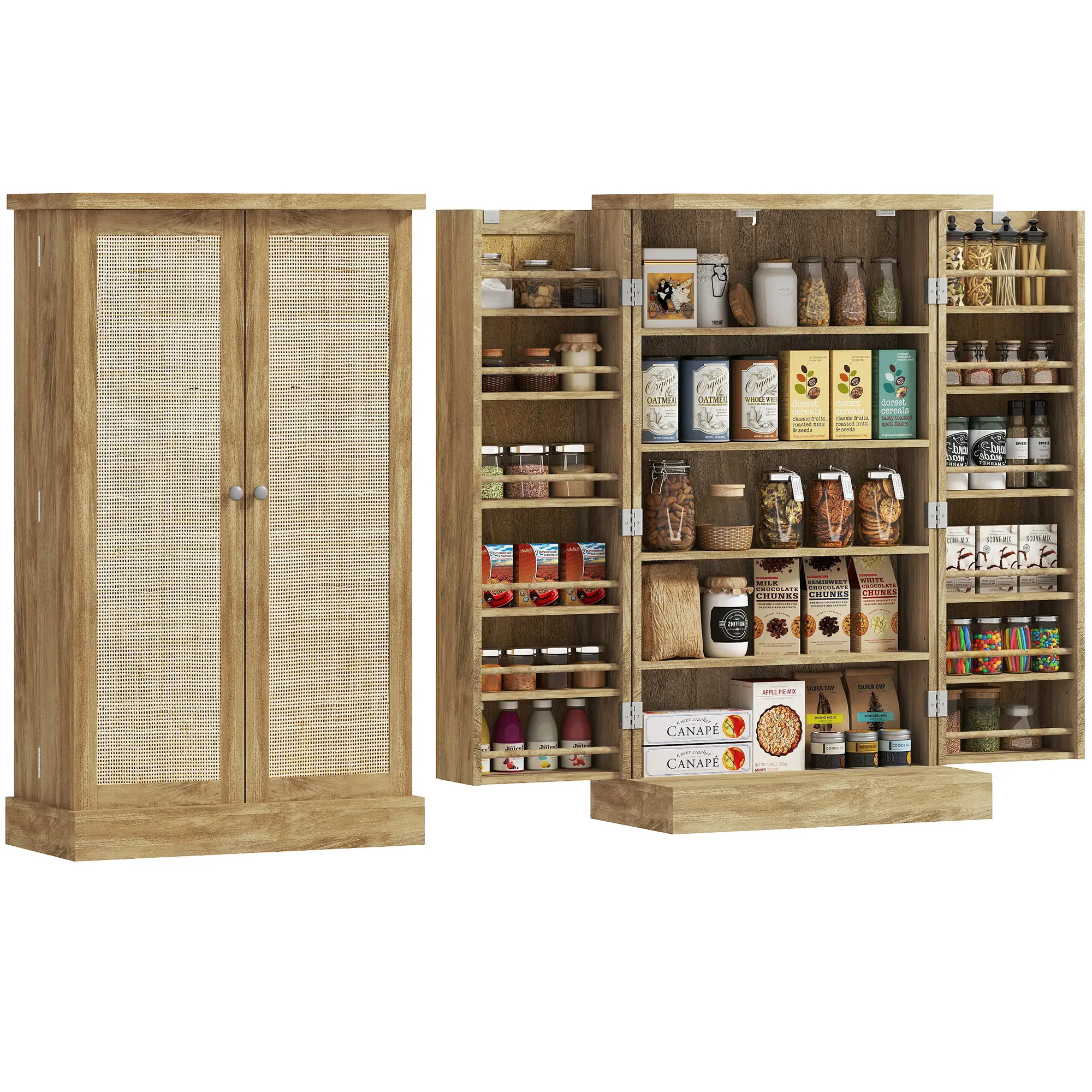 41" Rattan Kitchen Storage Cabinet, 5-Tier Shelf, 12 Spice Racks, Adjustable Shelves, Natural - Image 11