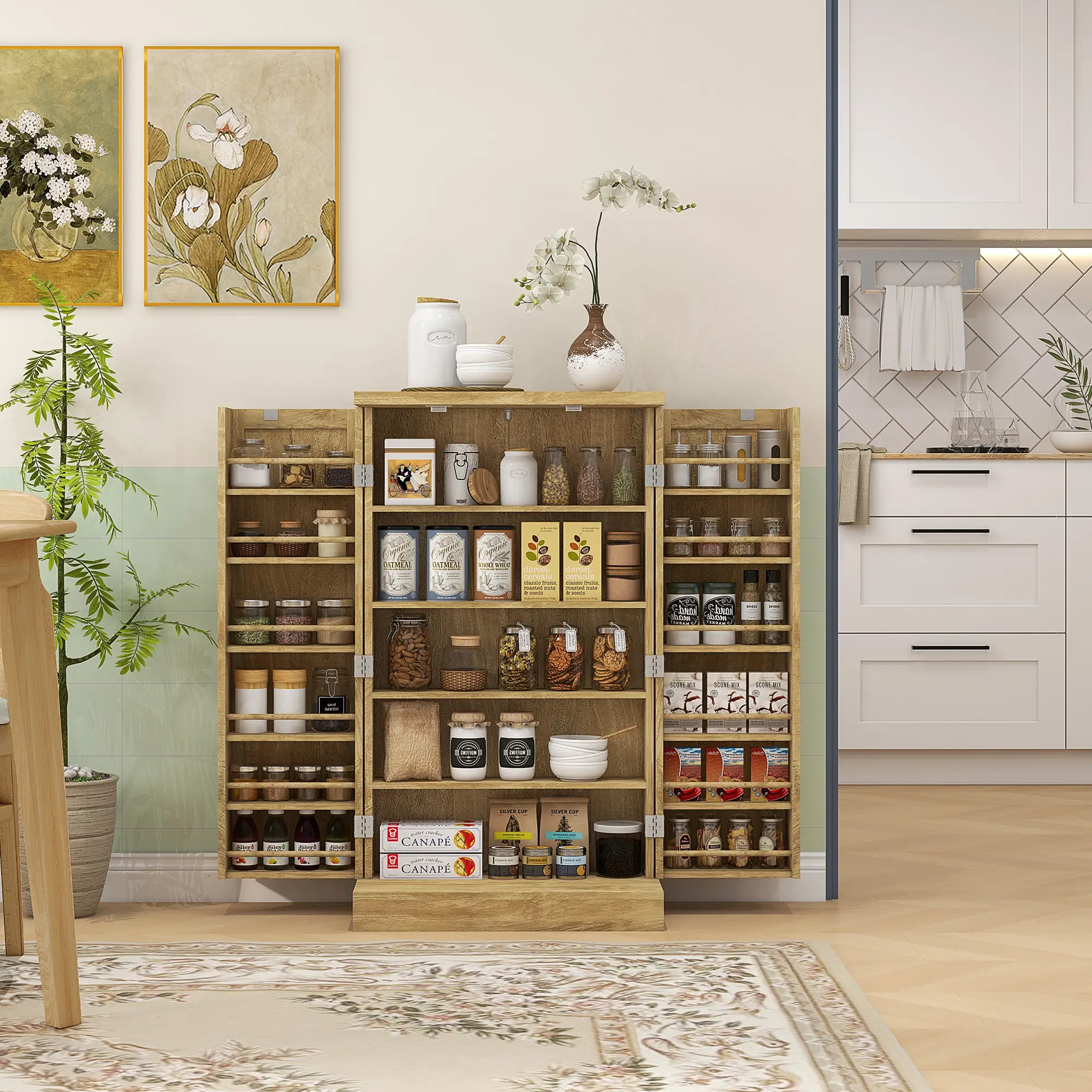 41" Rattan Kitchen Storage Cabinet, 5-Tier Shelf, 12 Spice Racks, Adjustable Shelves, Natural - Image 2