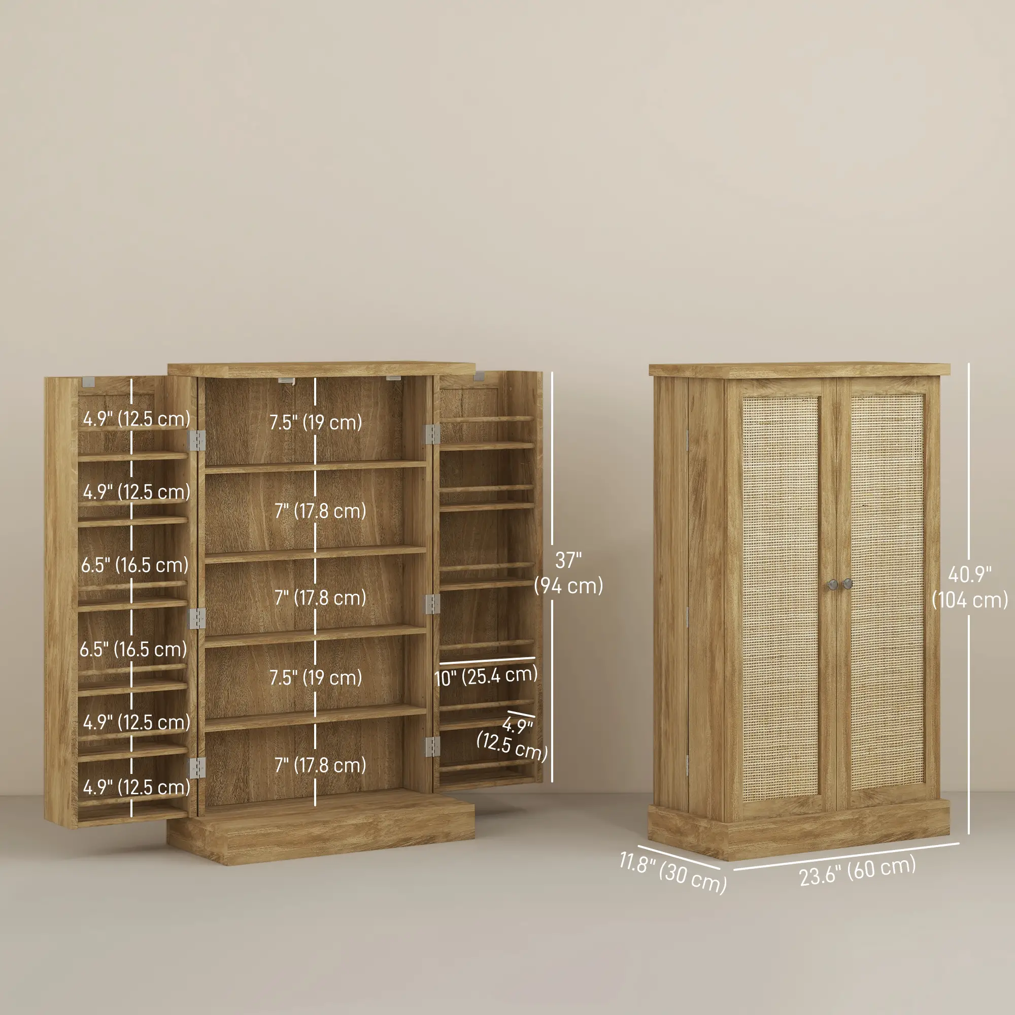 41" Rattan Kitchen Storage Cabinet, 5-Tier Shelf, 12 Spice Racks, Adjustable Shelves, Natural - Image 3