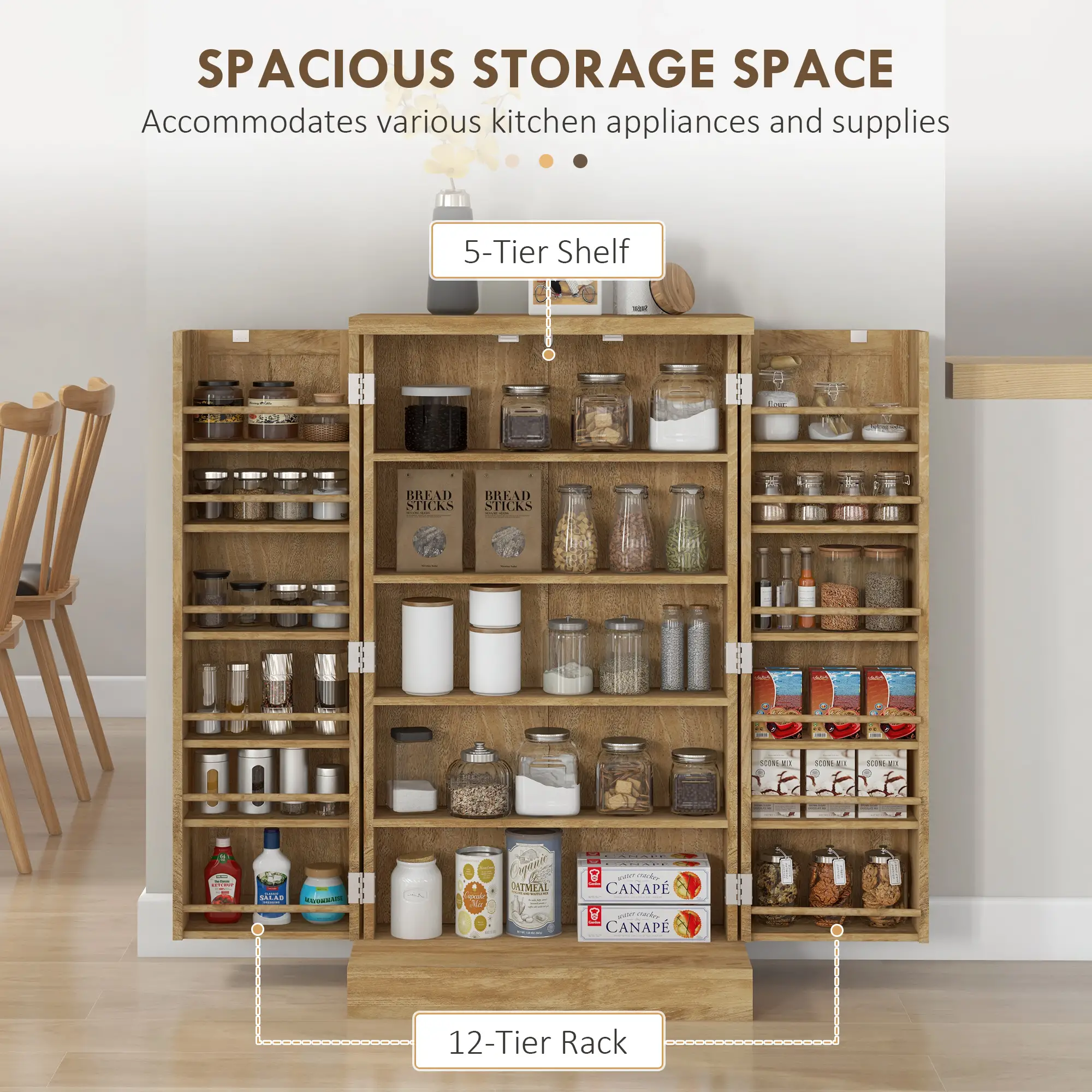 41" Rattan Kitchen Storage Cabinet, 5-Tier Shelf, 12 Spice Racks, Adjustable Shelves, Natural - Image 5