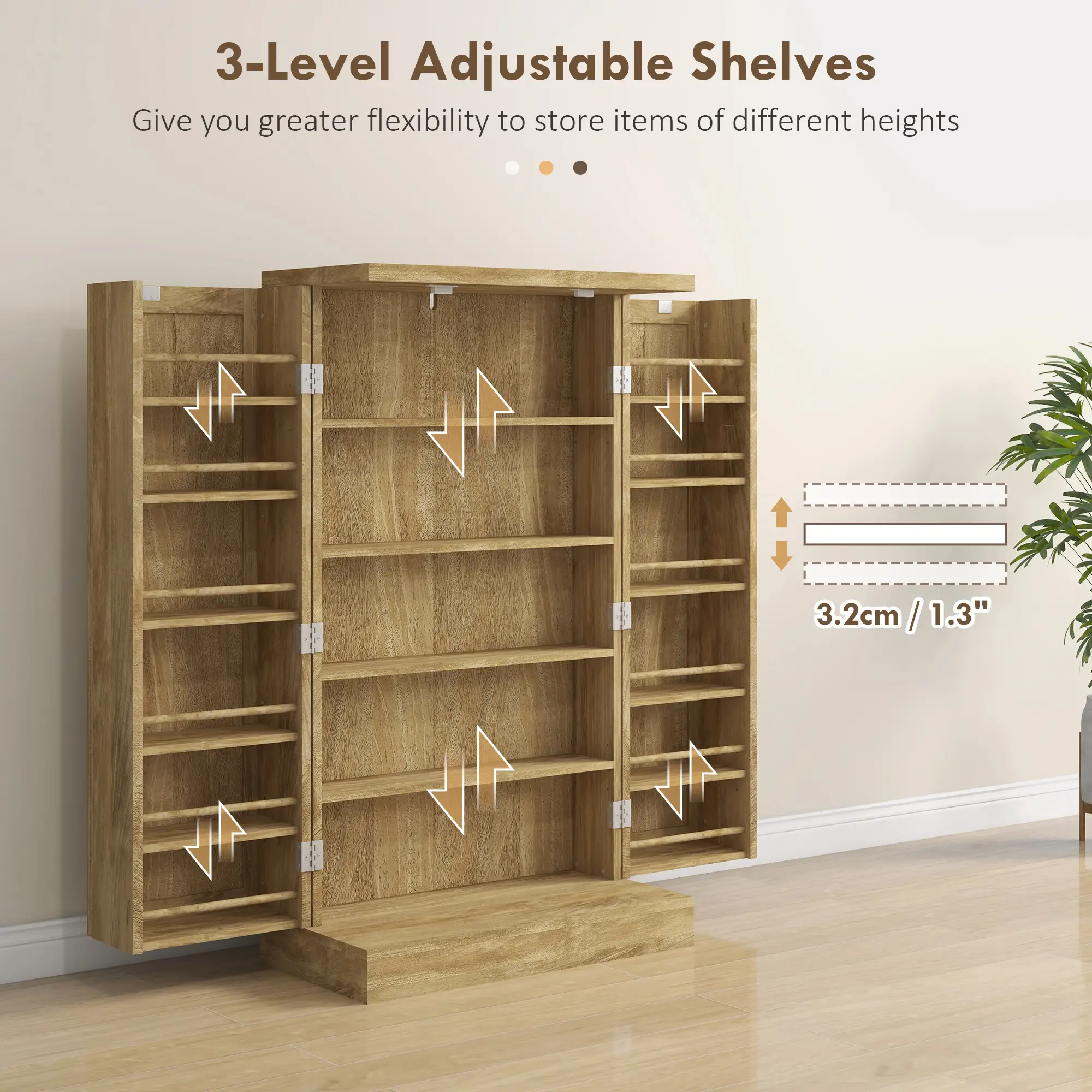 41" Rattan Kitchen Storage Cabinet, 5-Tier Shelf, 12 Spice Racks, Adjustable Shelves, Natural - Image 6