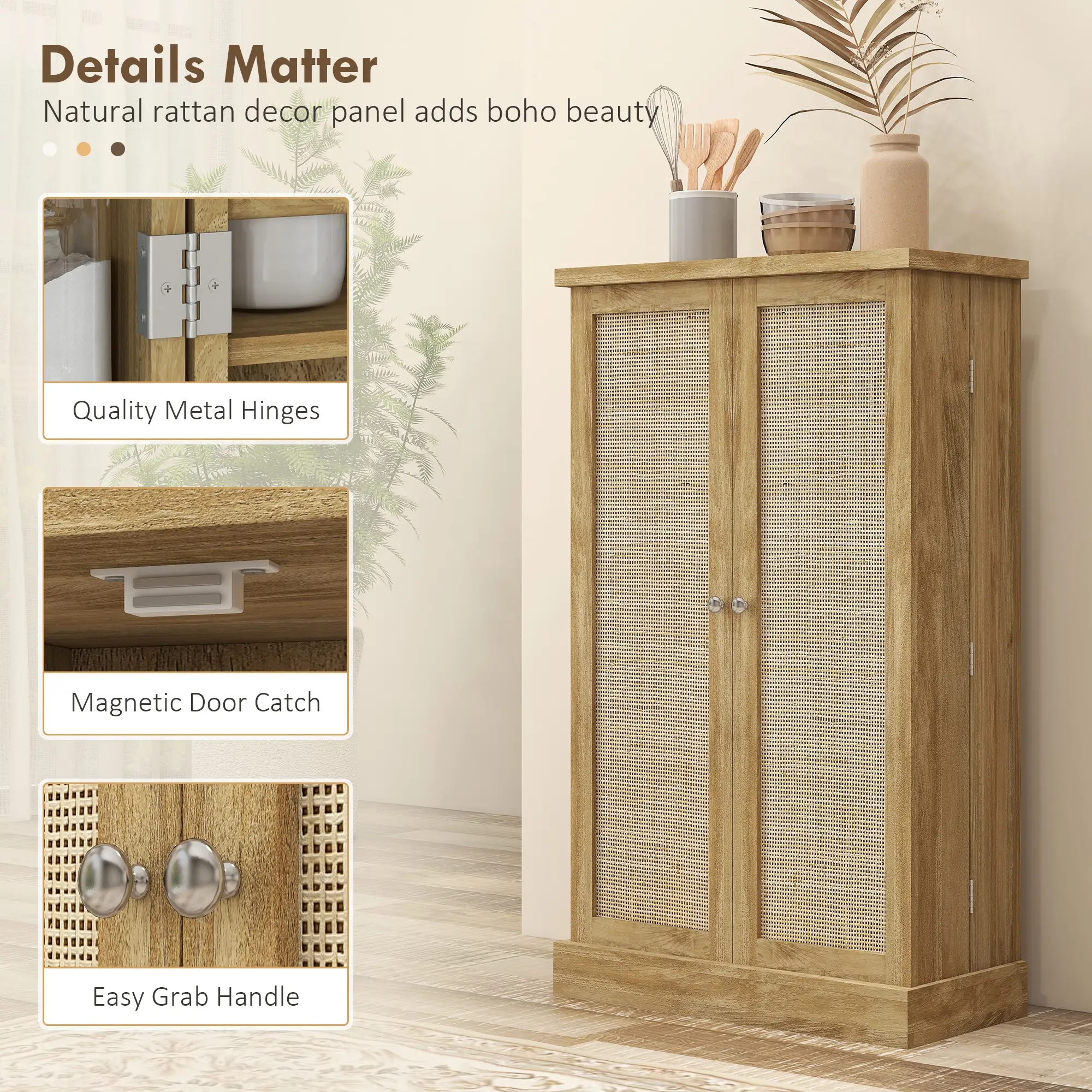 41" Rattan Kitchen Storage Cabinet, 5-Tier Shelf, 12 Spice Racks, Adjustable Shelves, Natural - Image 9