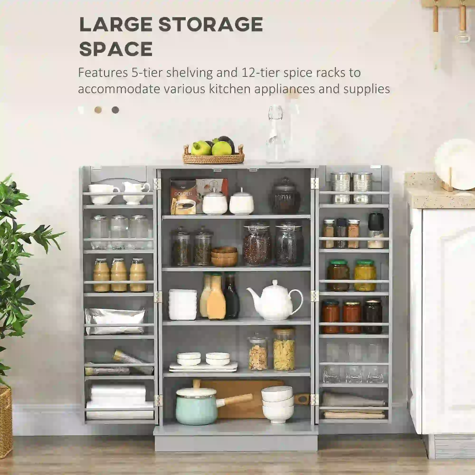 41 Storage Cabinet, 2-Door Kitchen Pantry, 5-Tier Shelving, Grey - Image 4