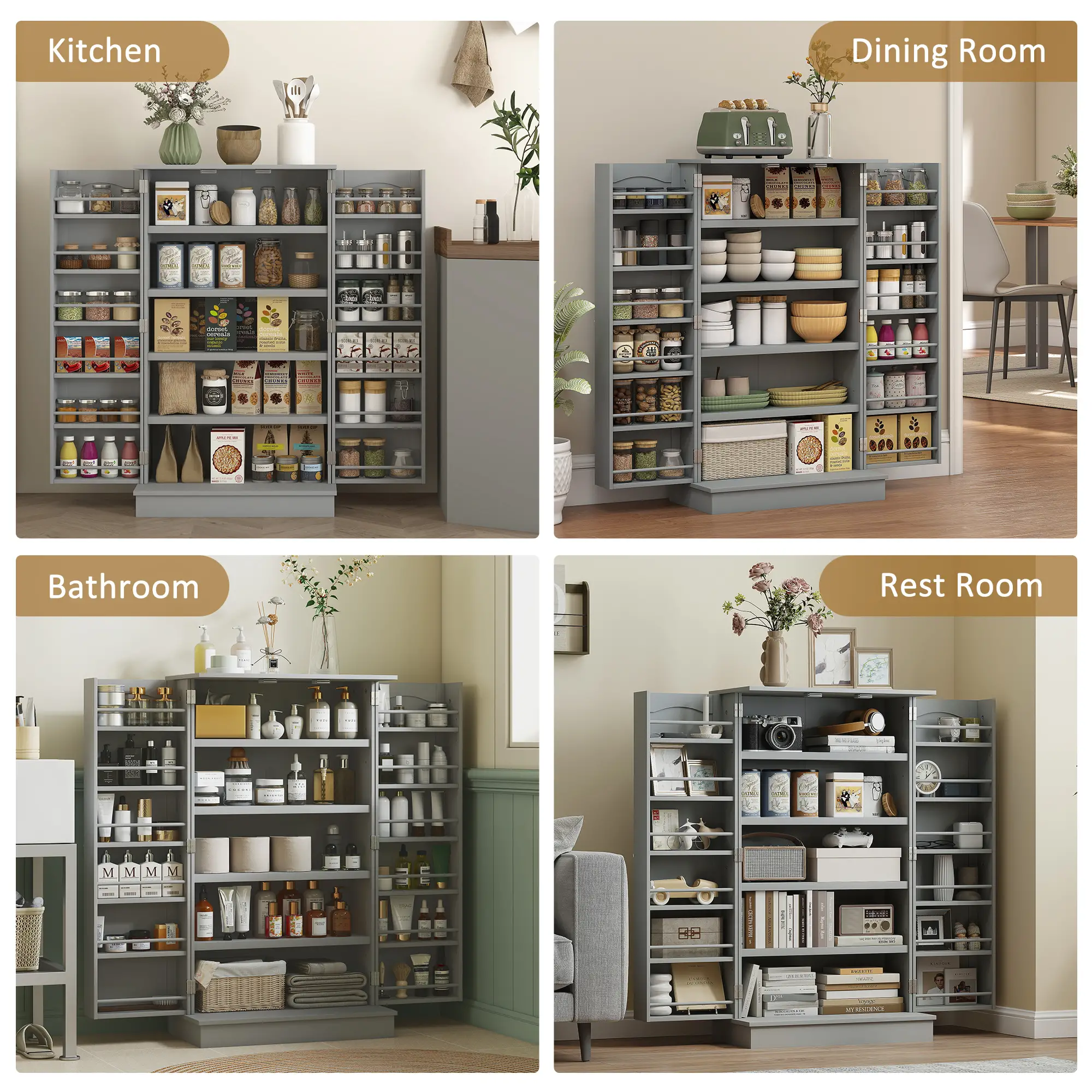 41 Storage Cabinet, 2-Door Kitchen Pantry, 5-Tier Shelving, Grey - Image 7